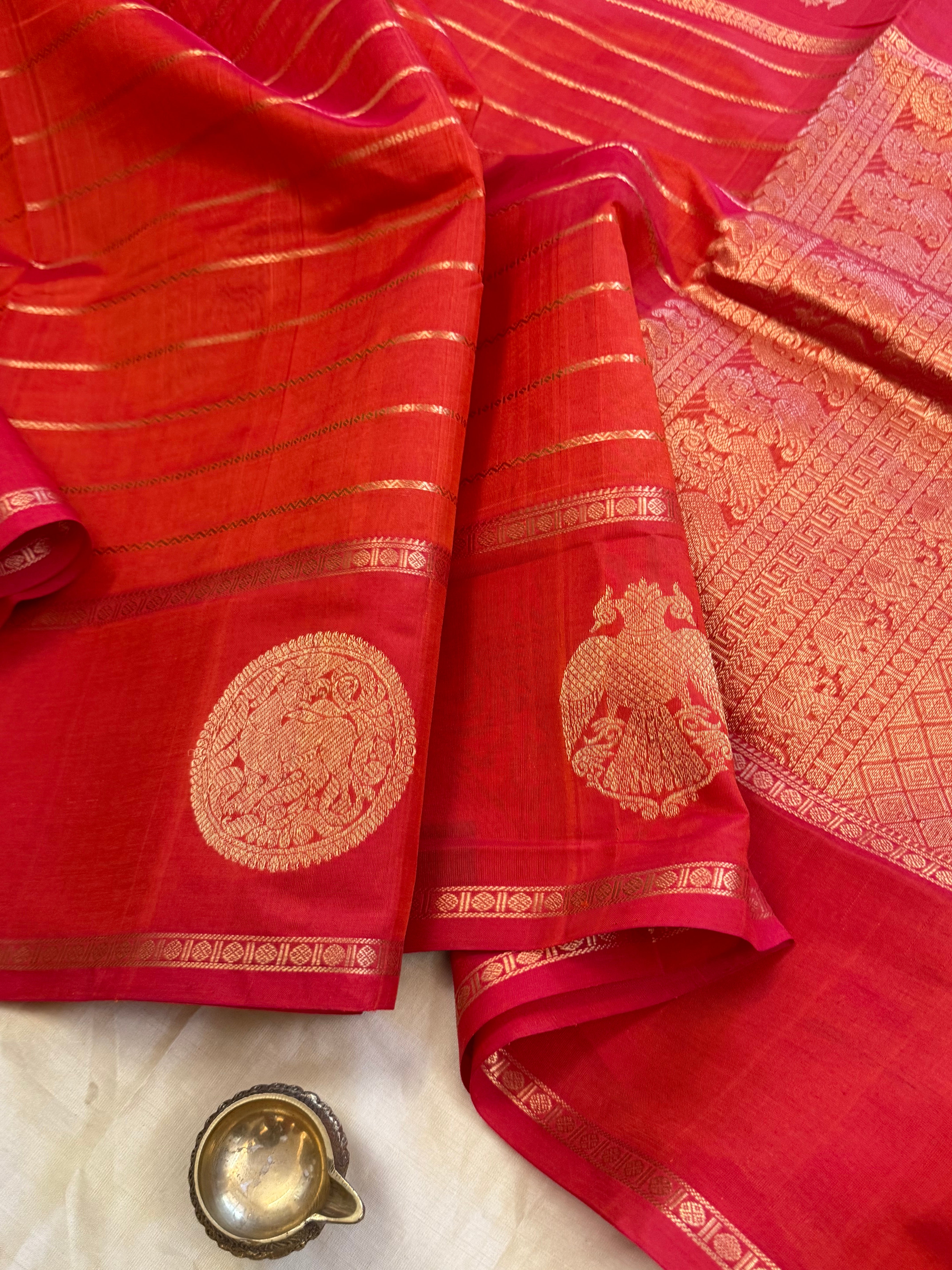 Reddish orange veldhari and border butta / Silk Cotton