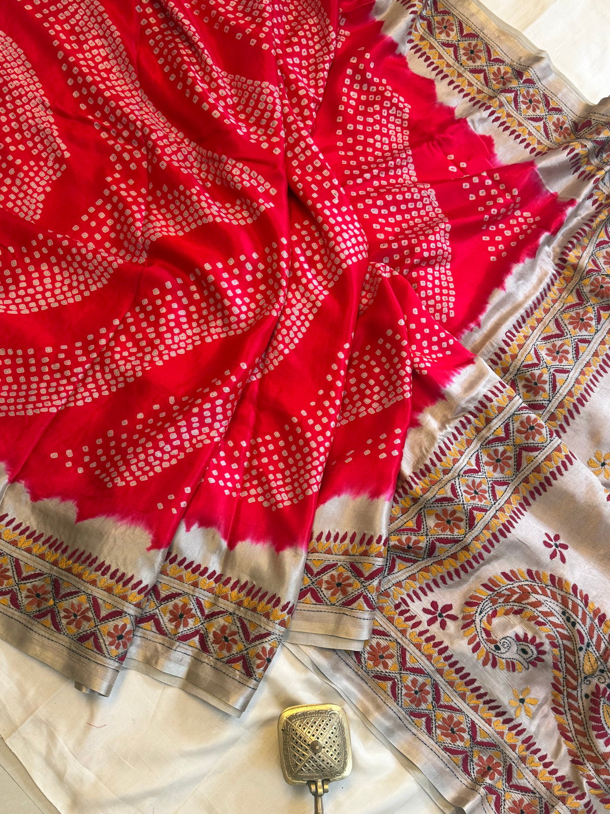 Reddish orange Bandhini with Kantha work in gajji silk