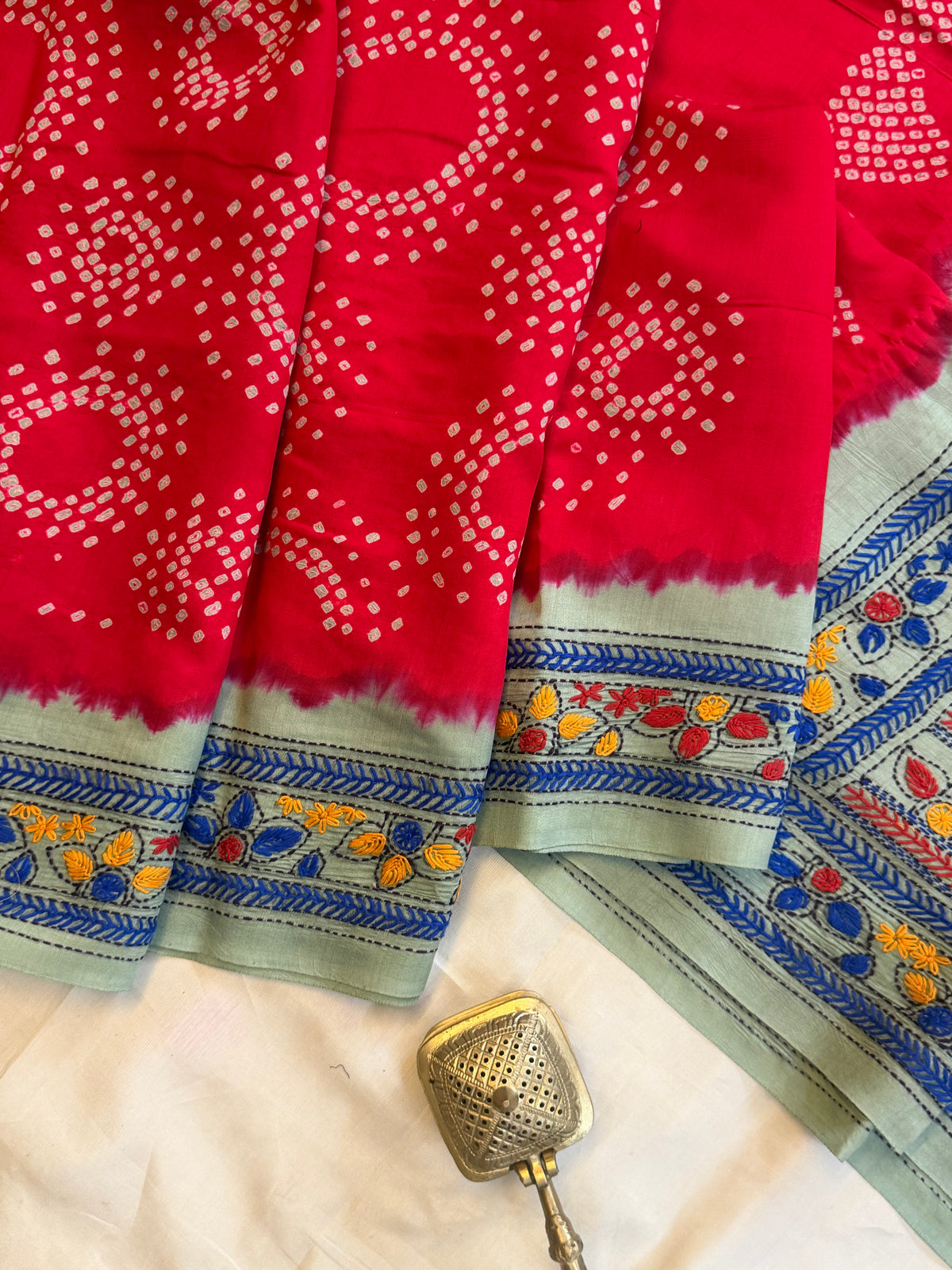Red Bandhini with Kantha work in silk