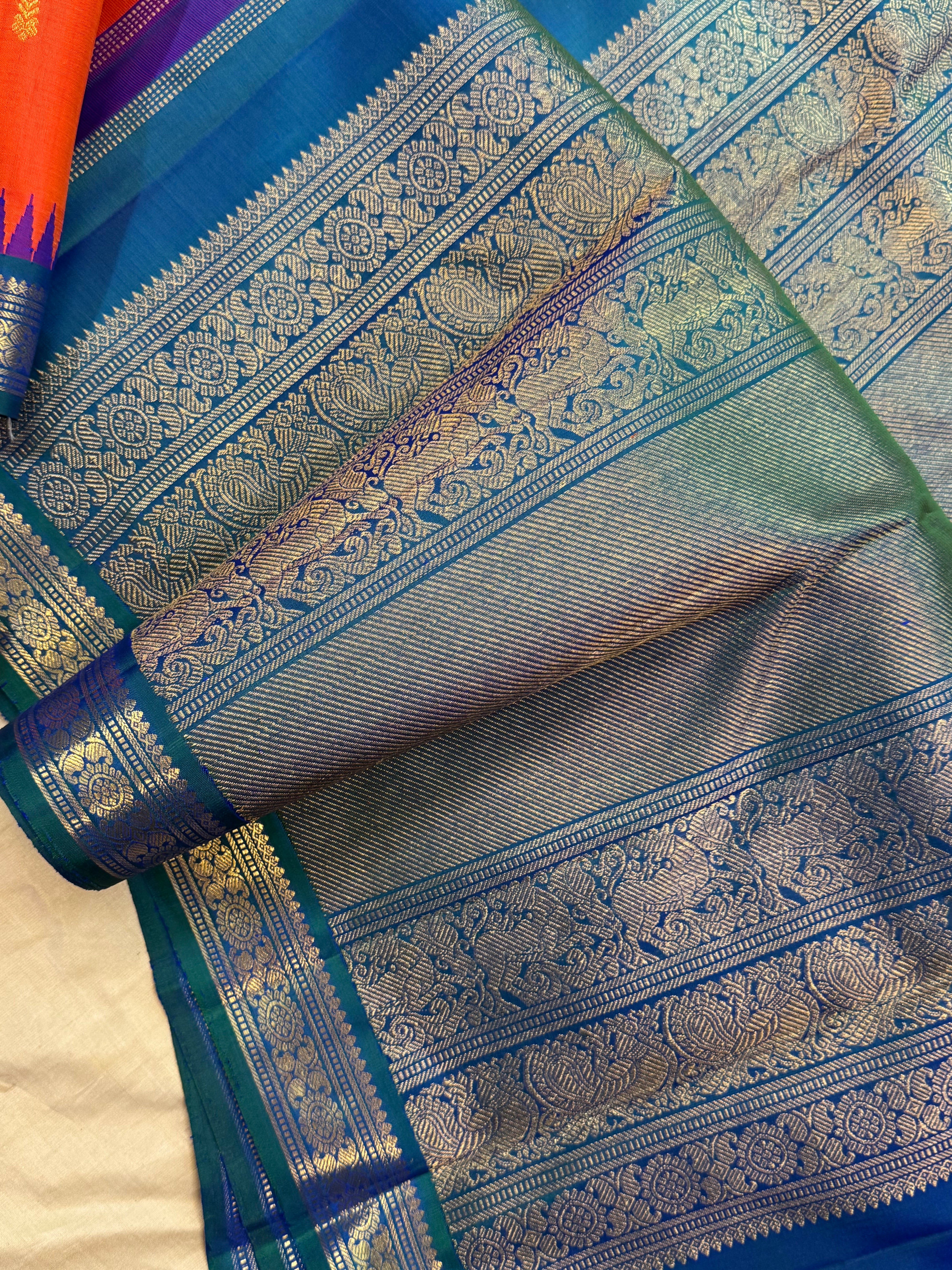Rust orange Korvai / Kanjipuram silk
