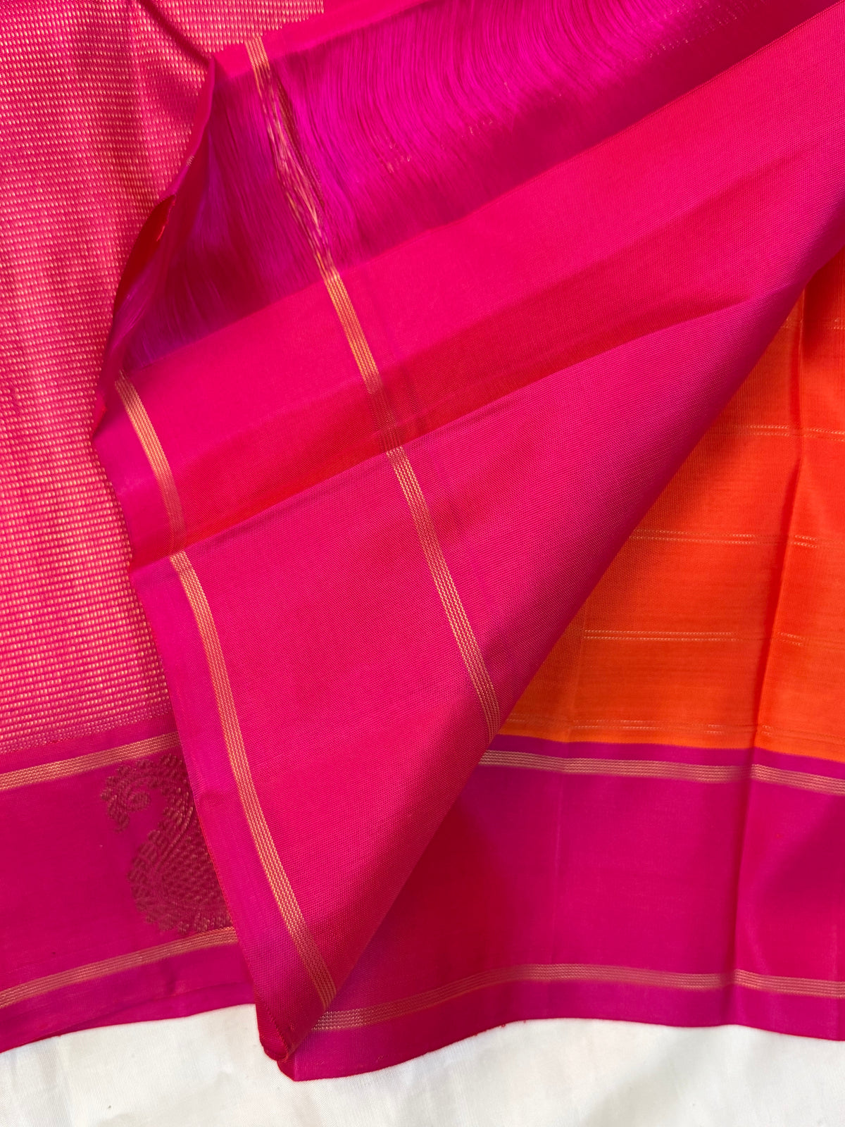 Orange with pink body Oociii Zari kattam and border butta/knjipuram silk saree 12838