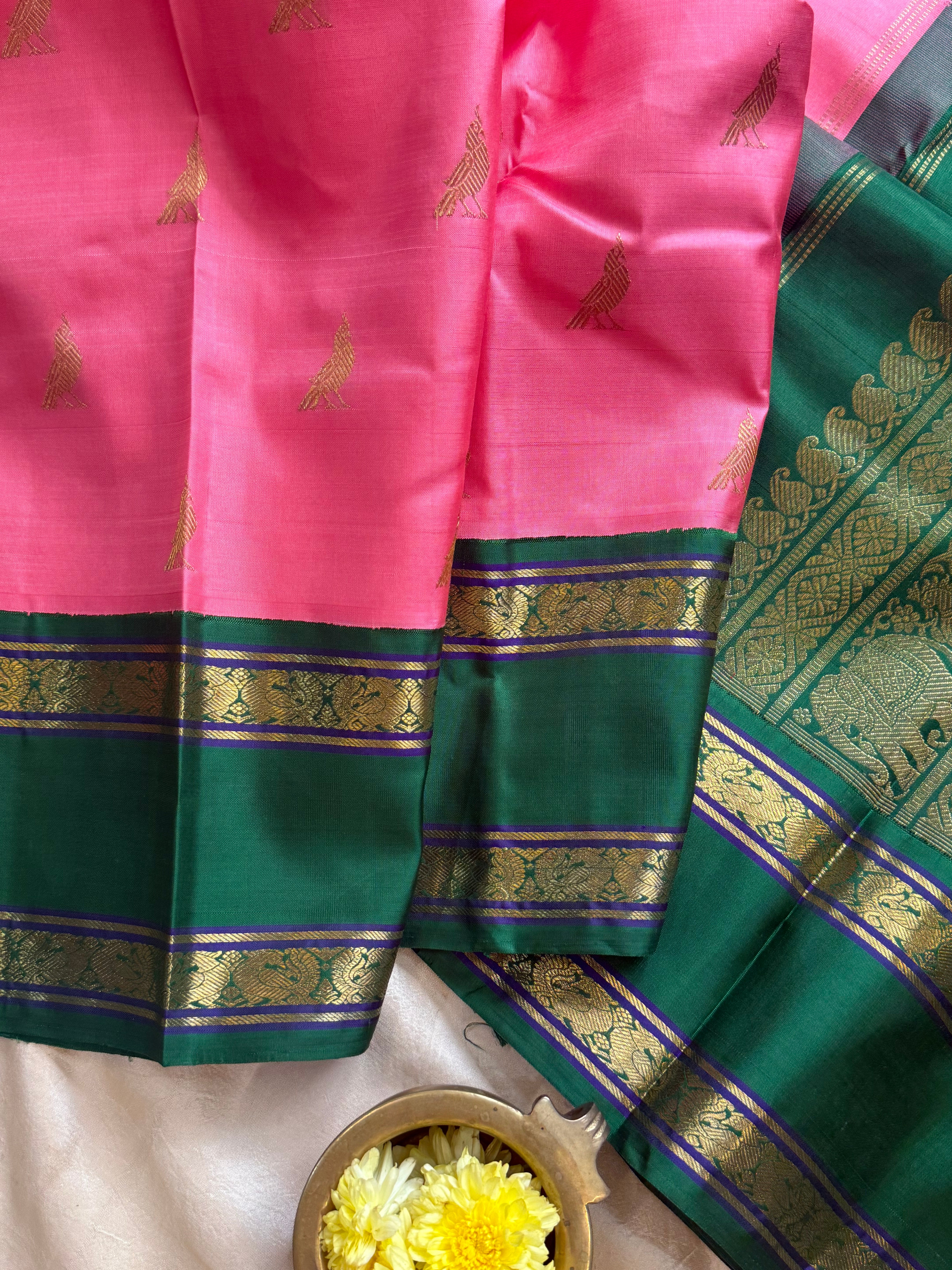 Peachish pink Ganga Jamuna Kai Korvai / kanjipuram silk