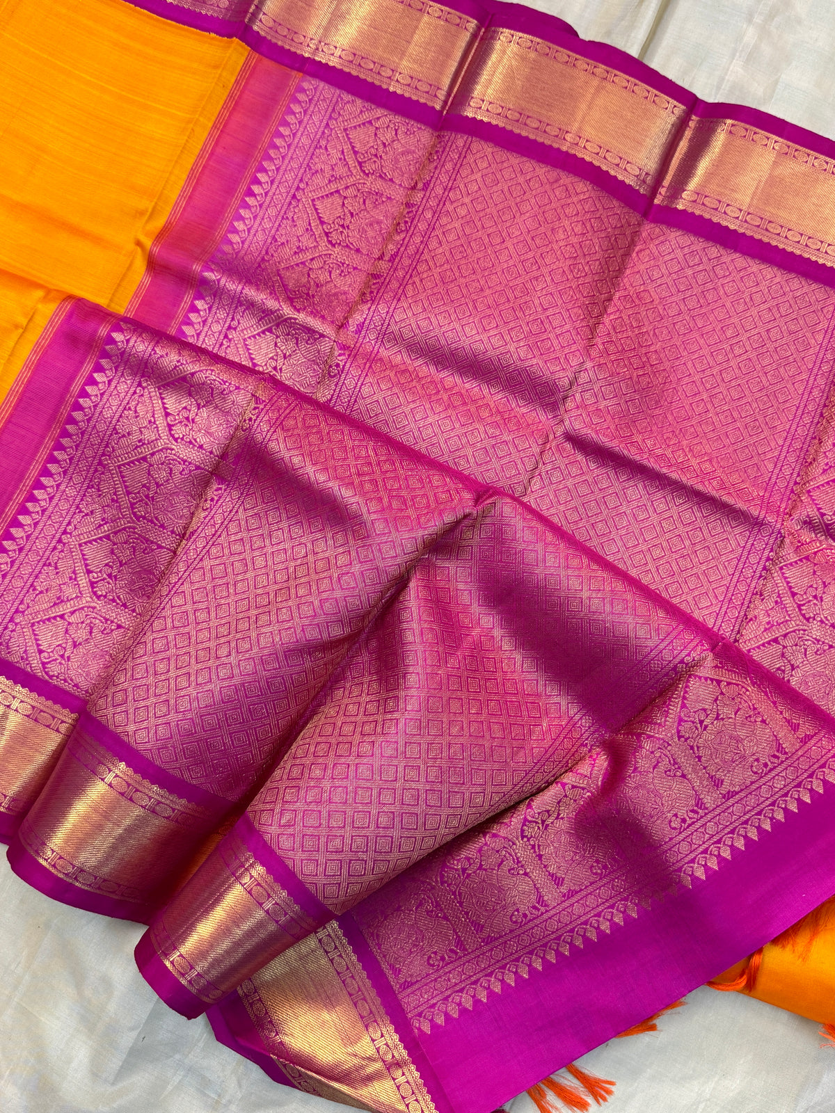 Mango yellow and pink border Korvai/Aarani silk saree clsa 6689