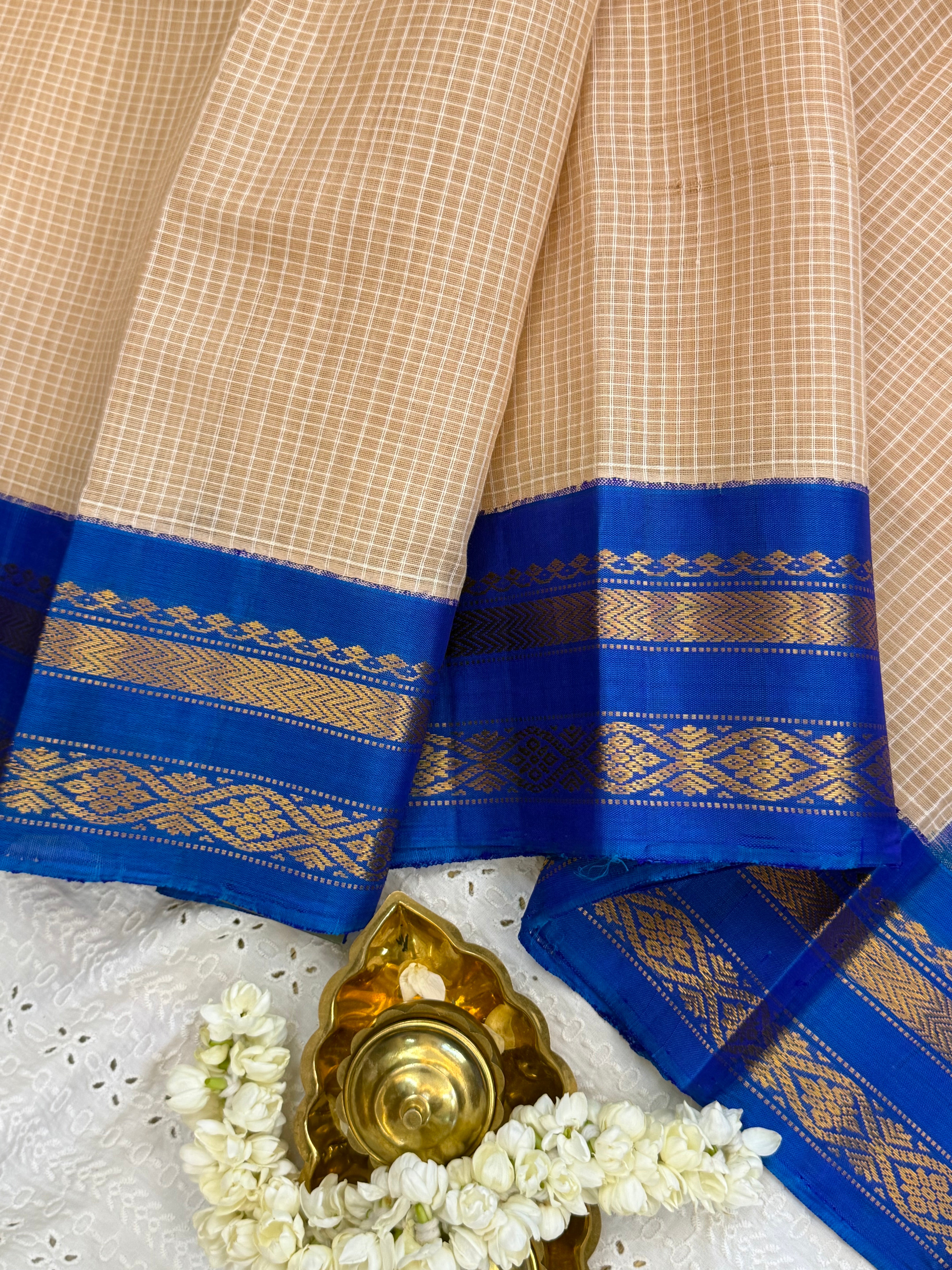 Beige and blue / Gadwal cotton - No Blouse CLSA9308