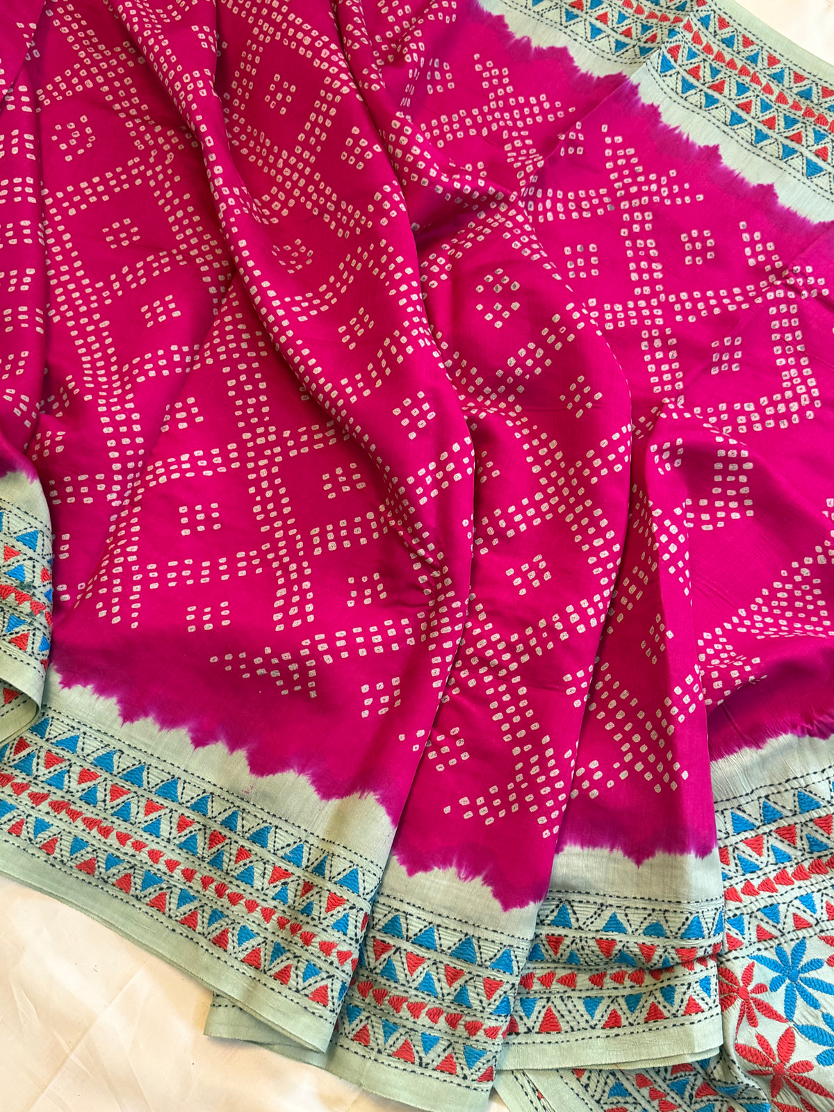 Pink Bandhini with Kantha work in silk