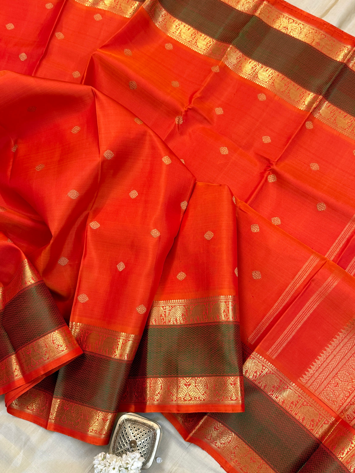 Navarathri - Day 5 Orange Colour pure Zari butta getti border /Kanjipuram silk sree Clsa6000