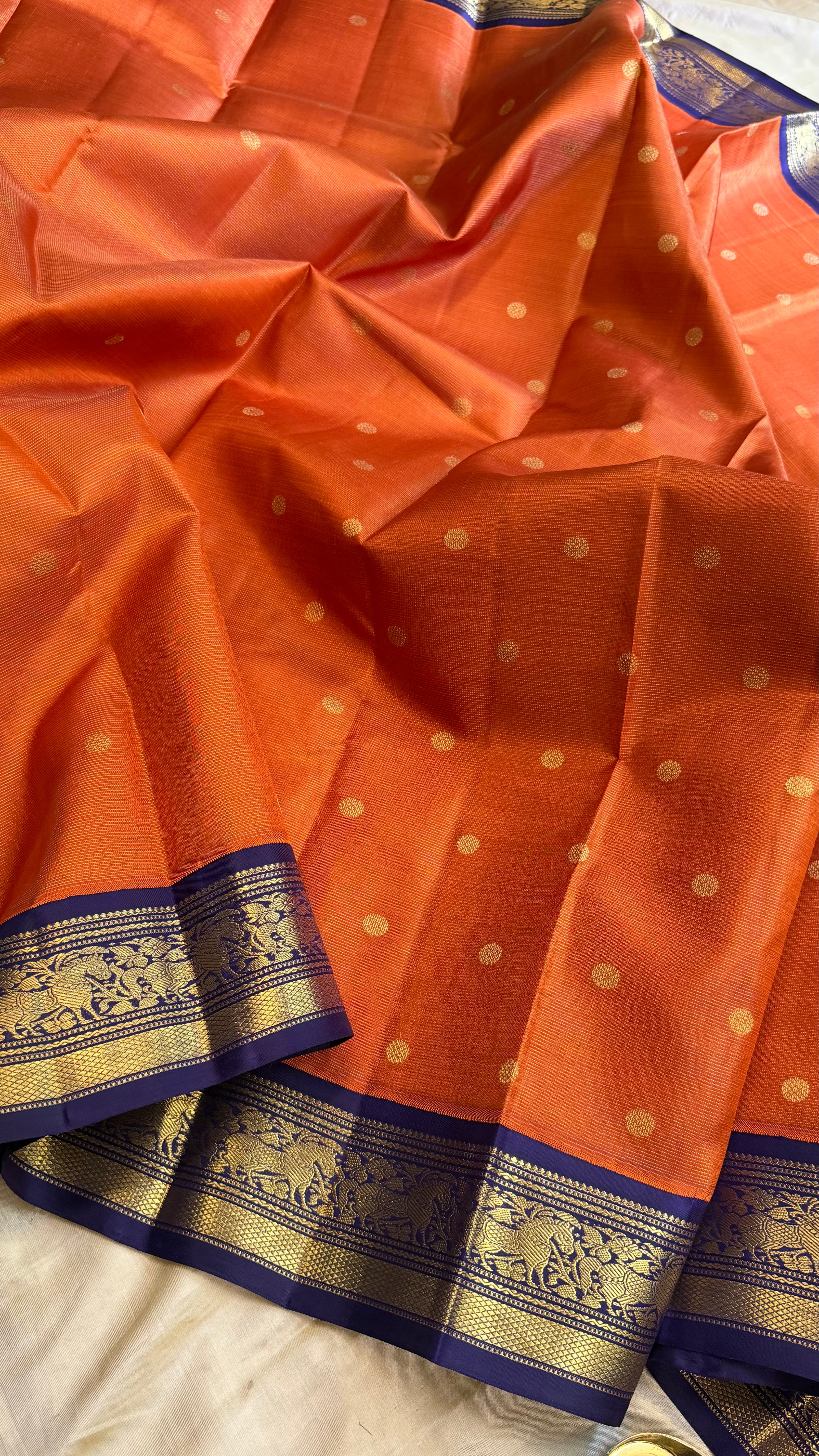 Rust and dark blue vairaoosi kai korvai/ Kanjipuram Silk