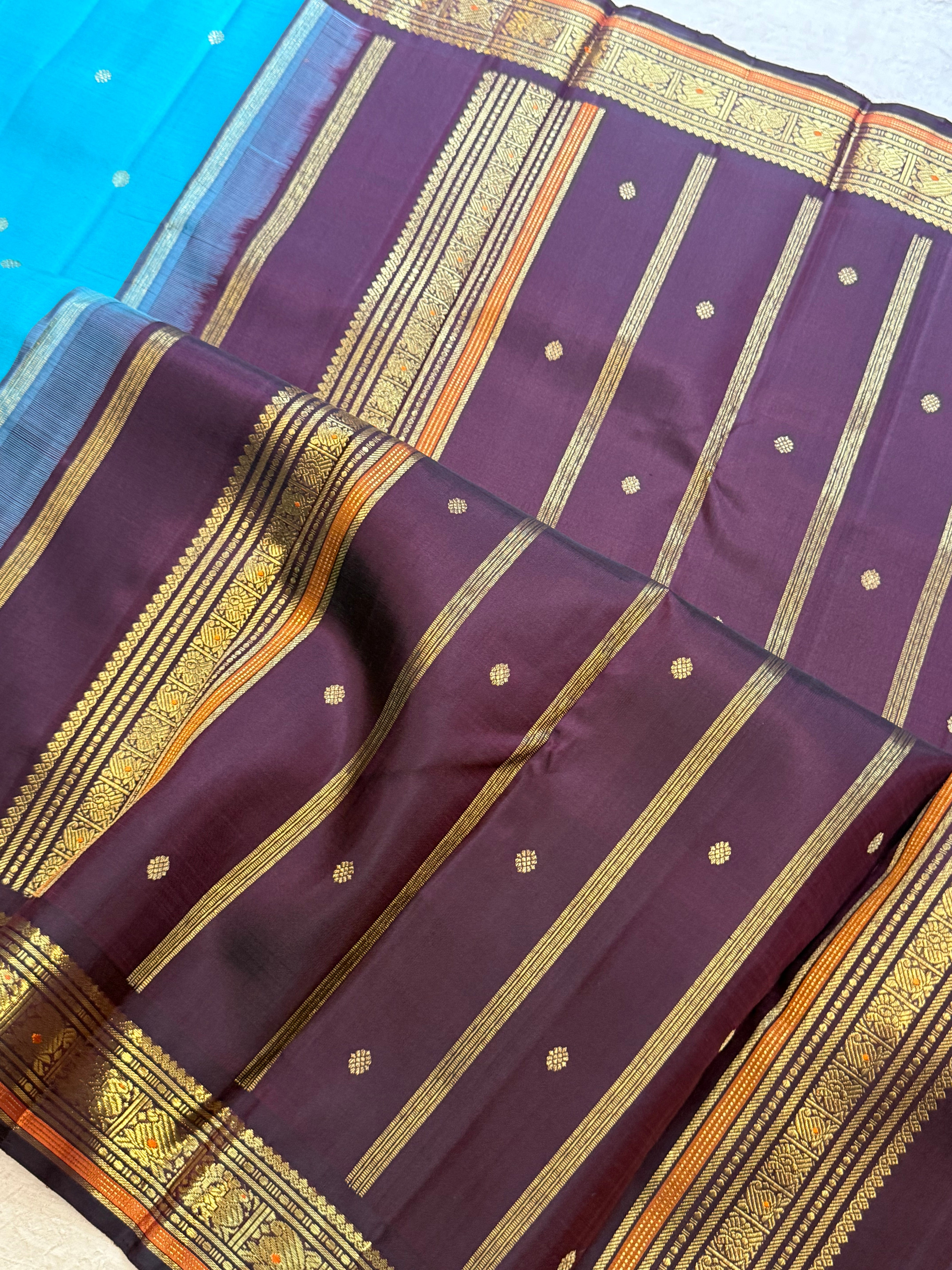 Aqua blue and brown kai korvai/ Kanjipuram silk
