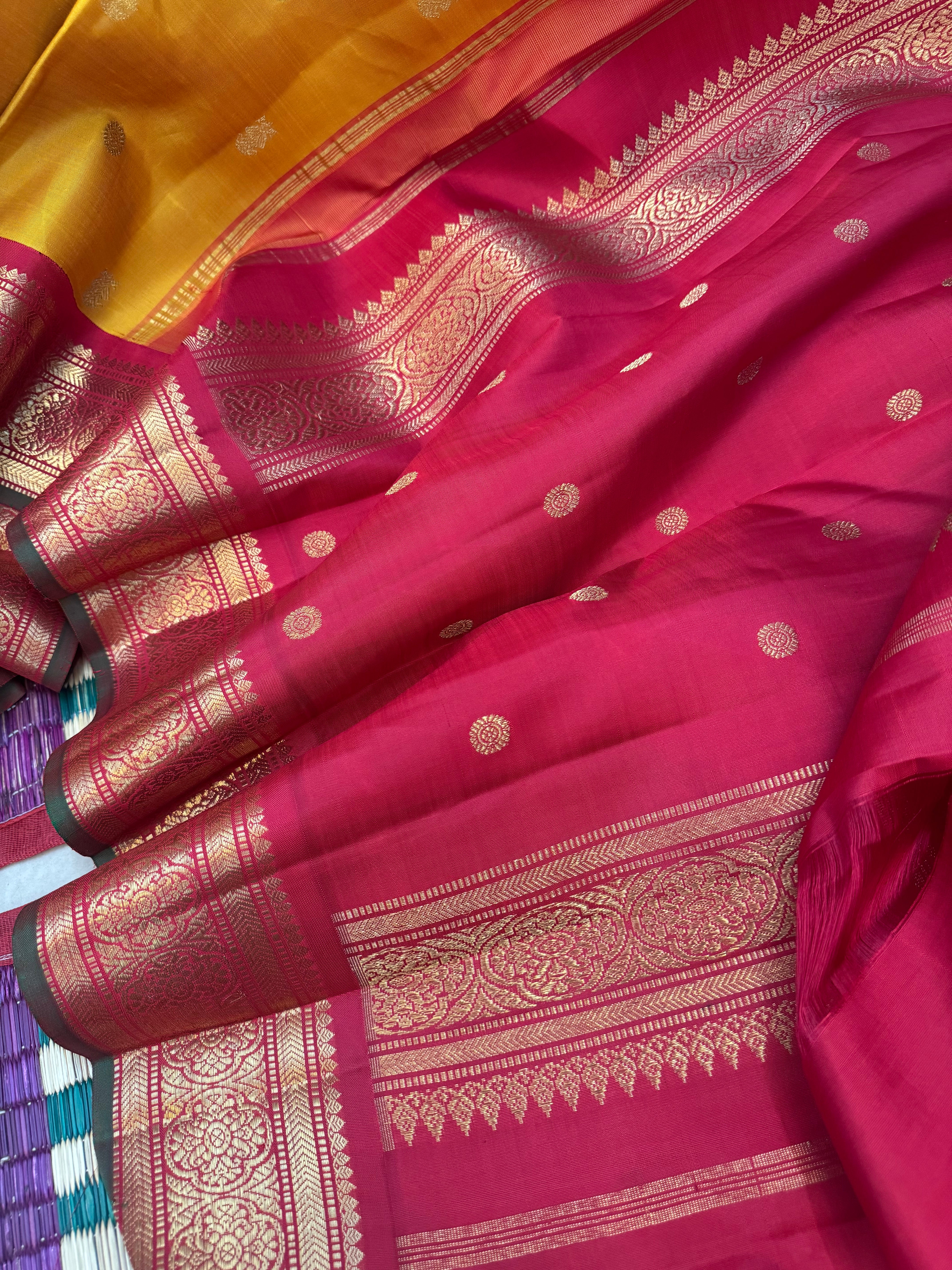 Mustard YELLOW AND RED KORVAI / KANJIPURAM SILK SAREE CLSA8923