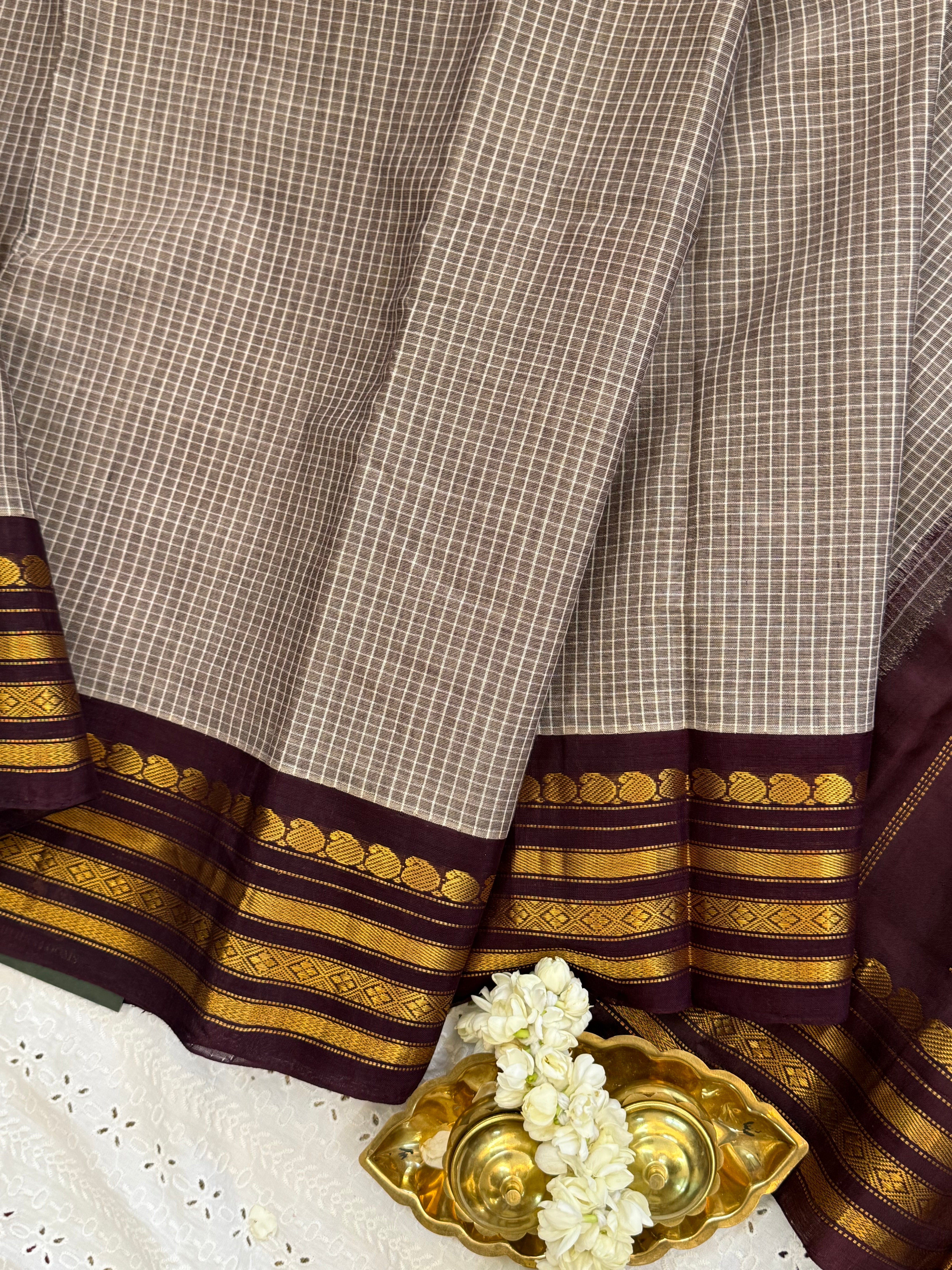 Grey and brown / Gadwal cotton No Blouse CLSA7303