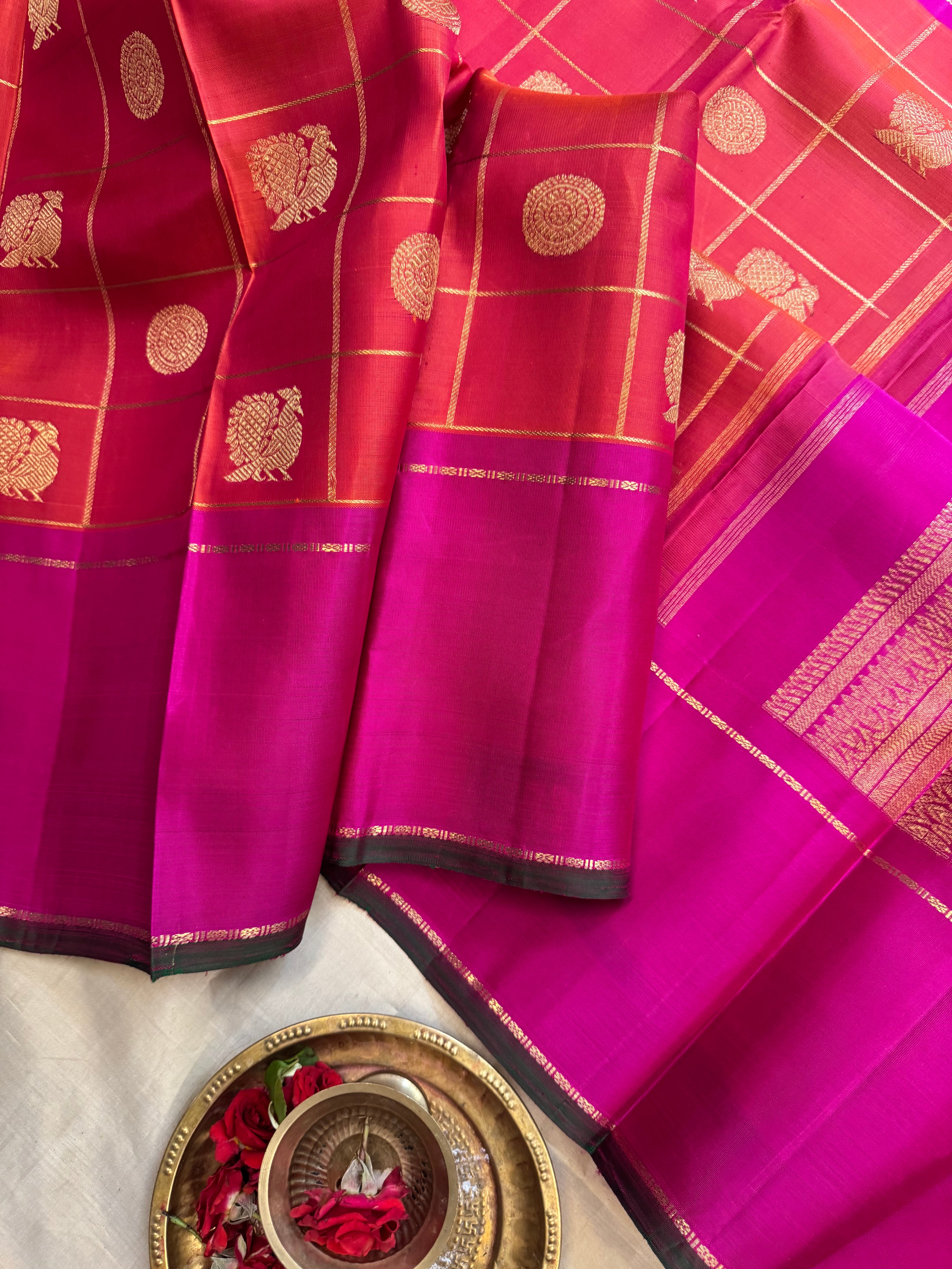 Rustic orange with pink border.   / Bridal edit kanjipuram silk