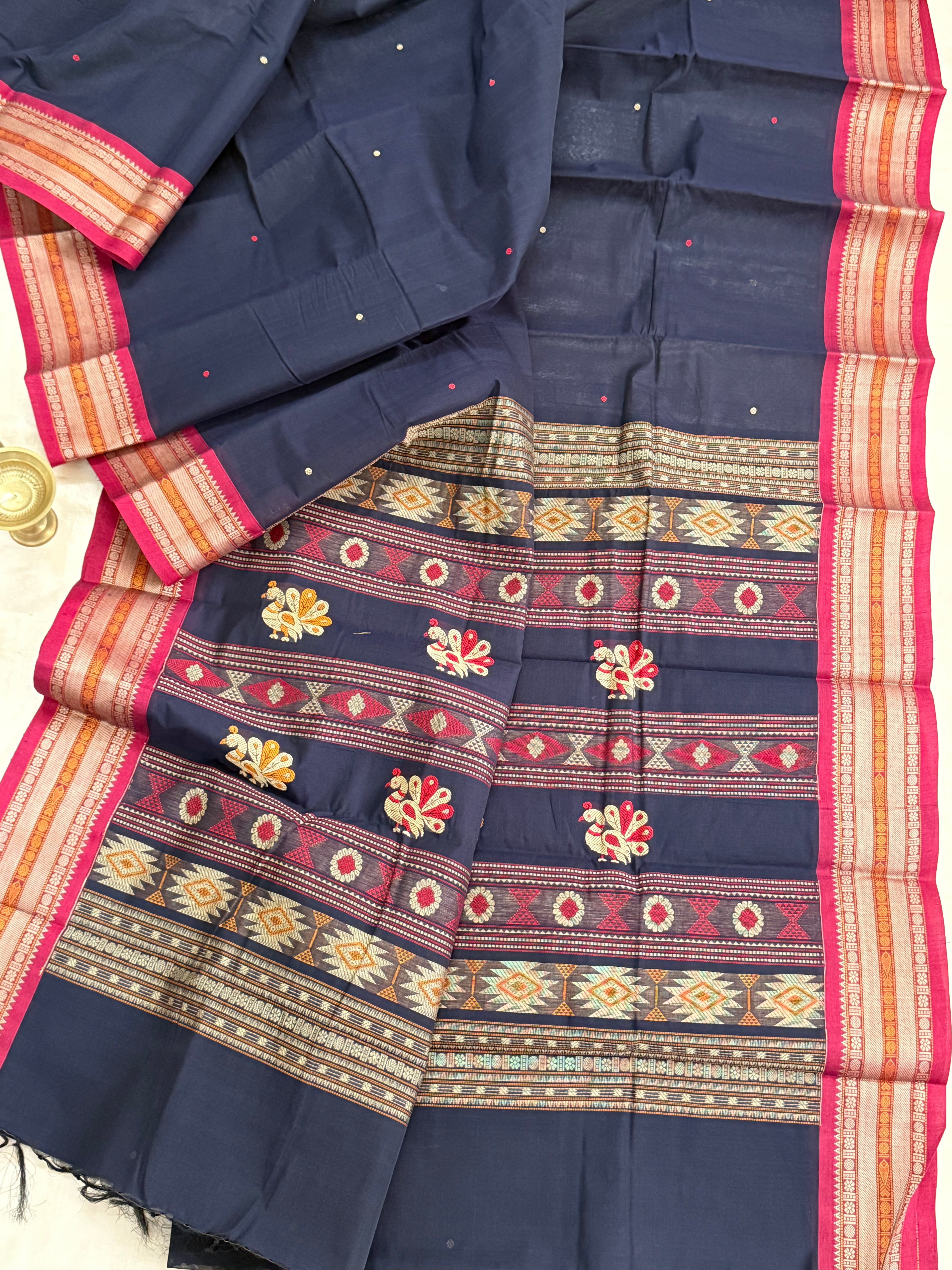 Deep blue and red unique pallu/ Kanchi Cotton