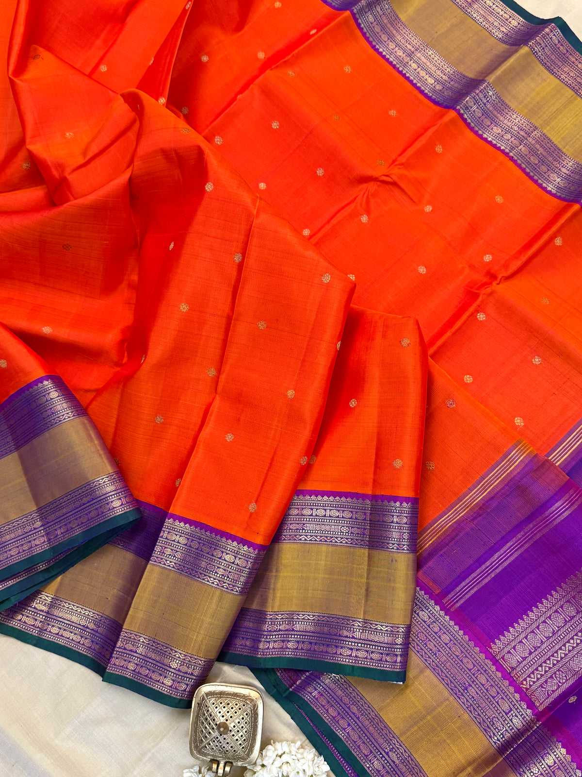 Navarathri - Day 5 Orange Colour pure Zari butta Rettapet Korvai /Kanjipuram silk sree Clsa4987