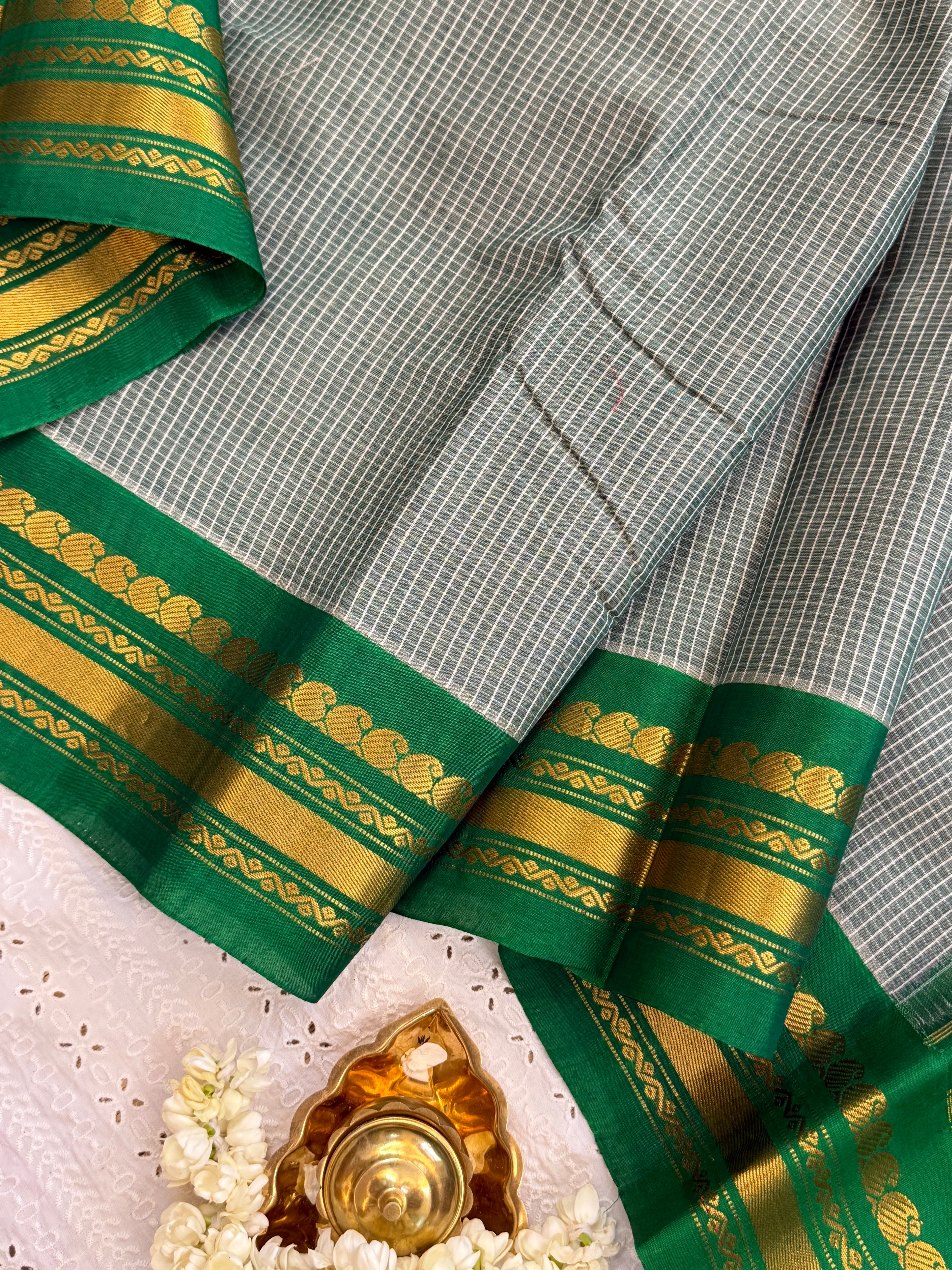 Grey and green / Gadwal cotton - No Blouse CLSA7373