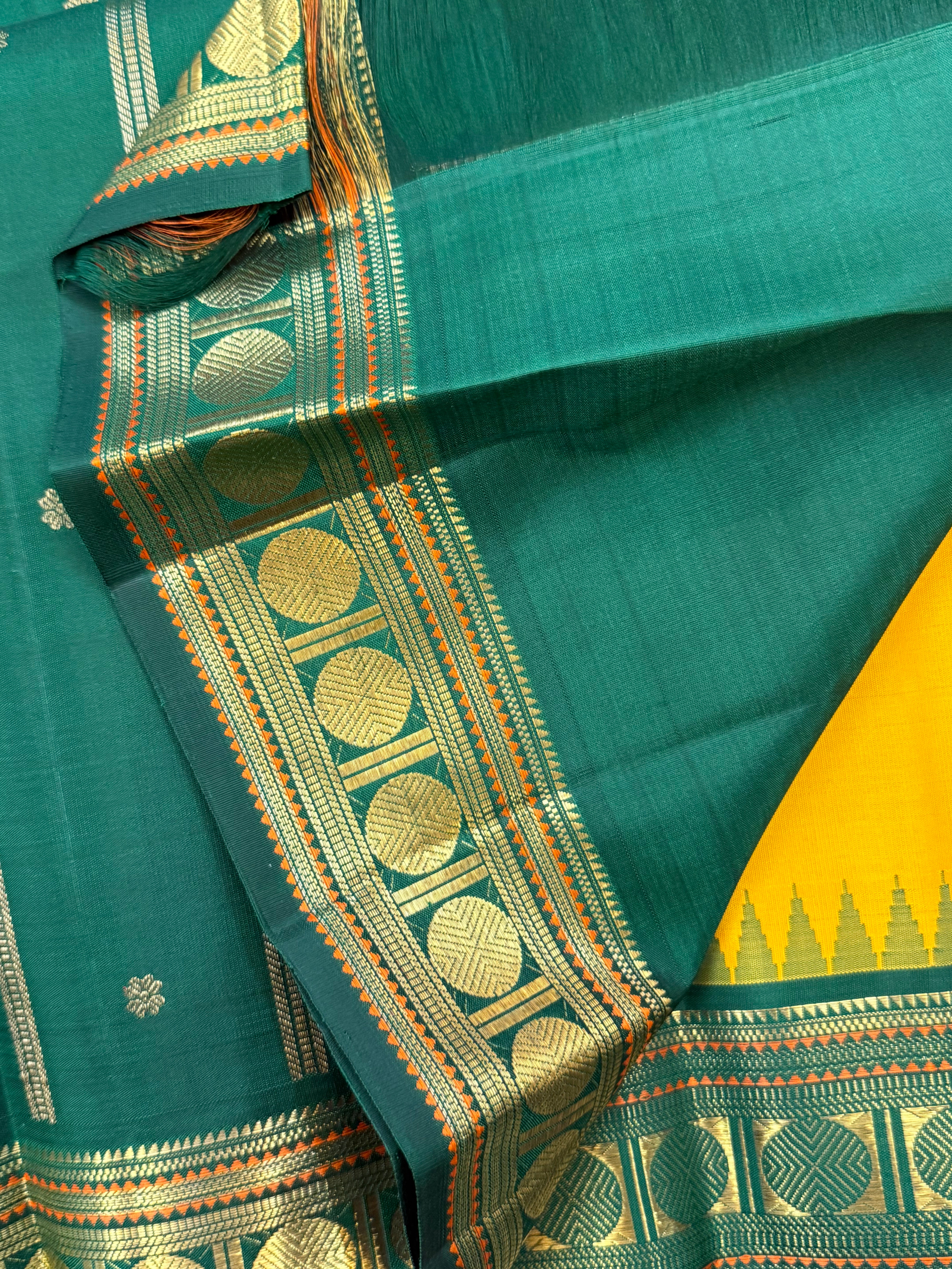MUSTARD YELLOW WITH GREEN TEMPLE KORVAI/KANJIPURAM SILK CLSA 10334