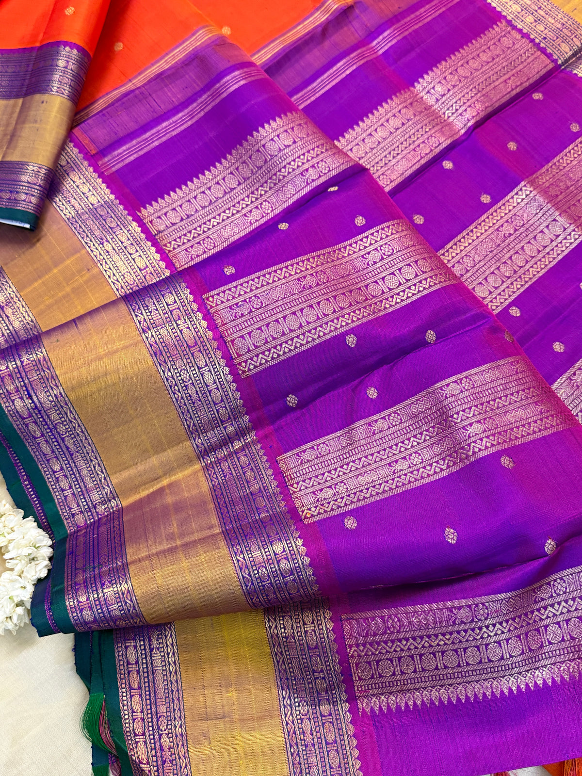 Navarathri - Day 5 Orange Colour pure Zari butta Rettapet Korvai /Kanjipuram silk sree Clsa4987