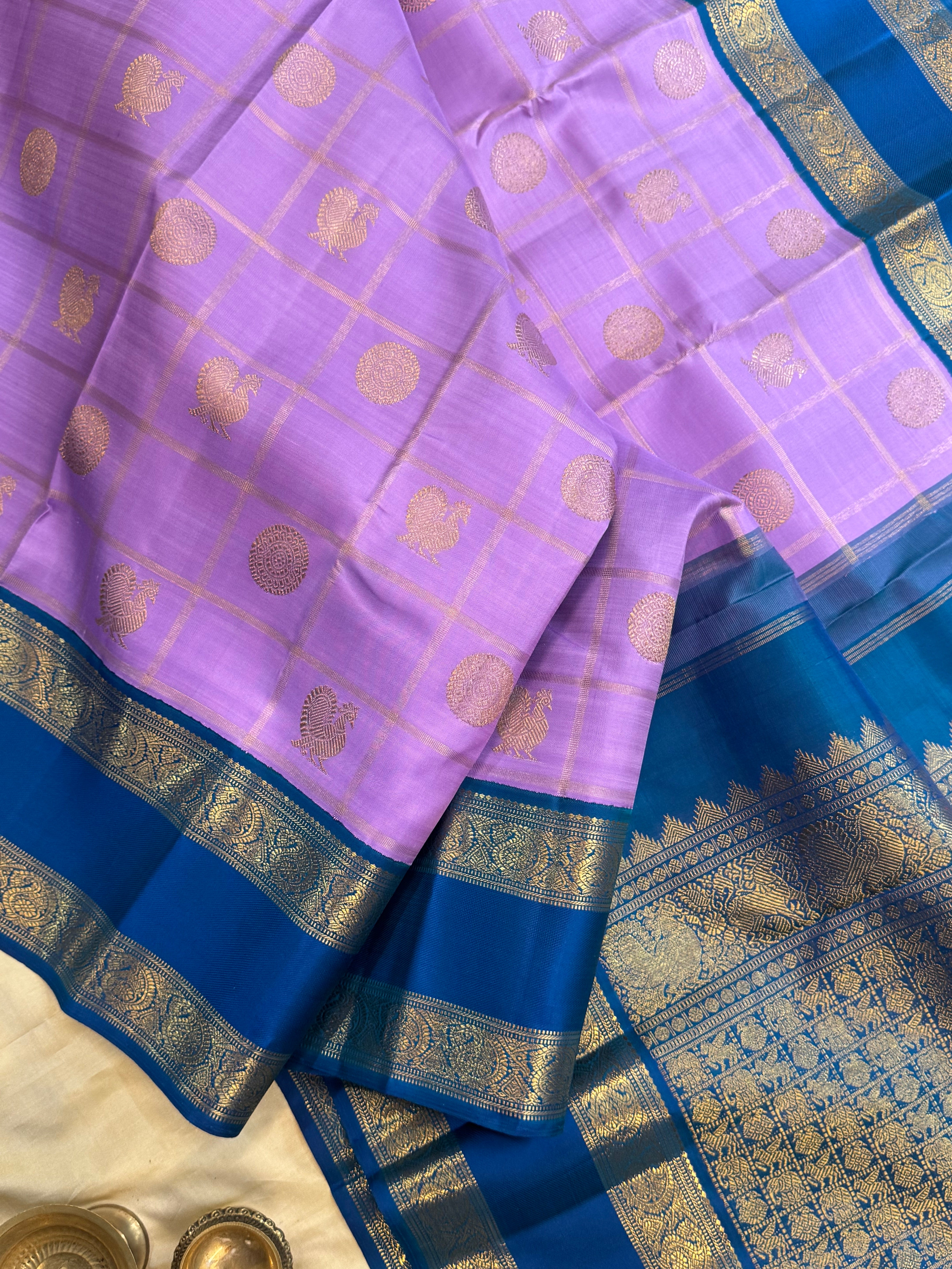 Lavender kattam annam and chakram and rama green kai korvai / Kanjipuram silk
