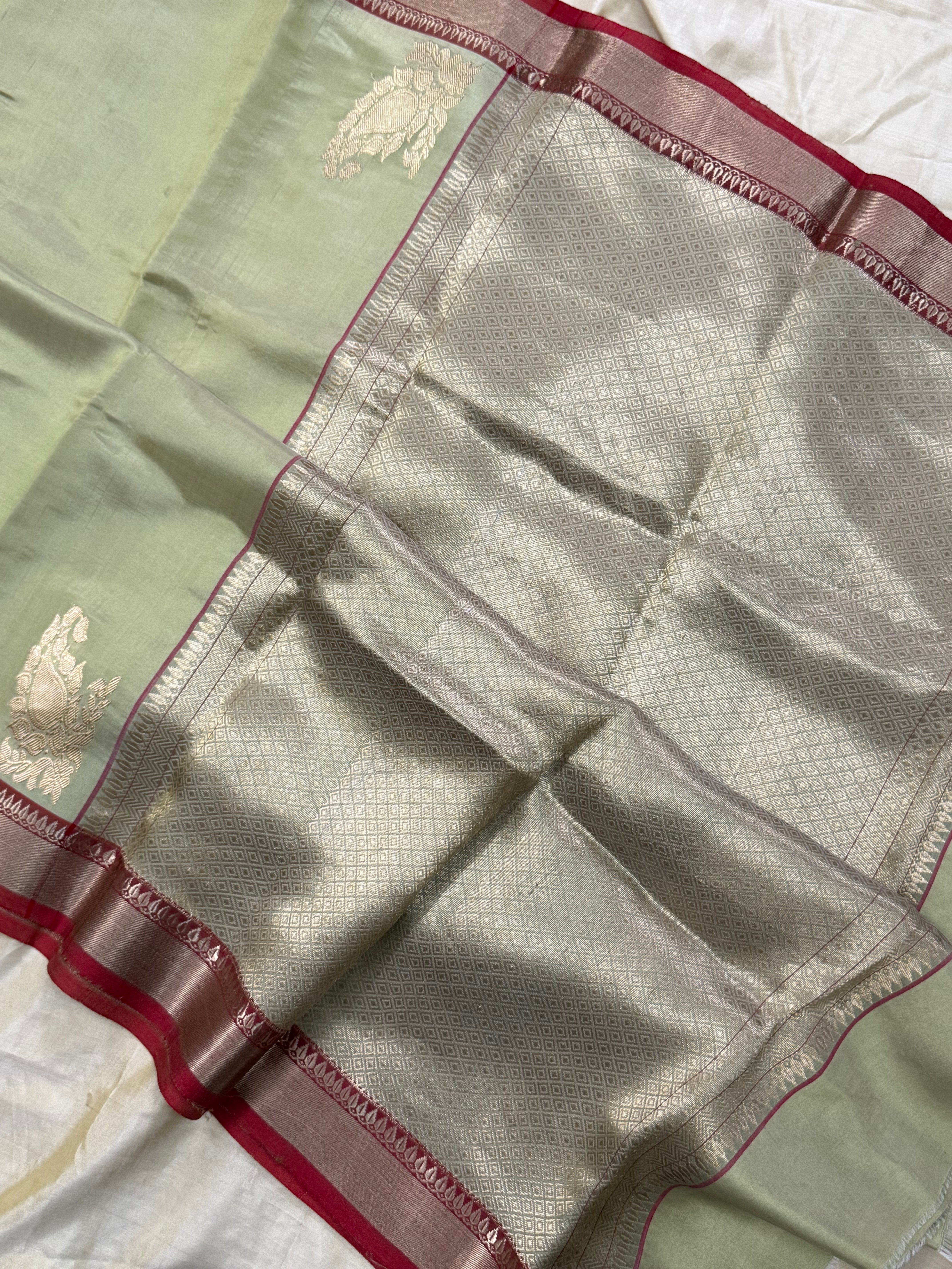Lite pista green corner butta/ Chanderi Silk