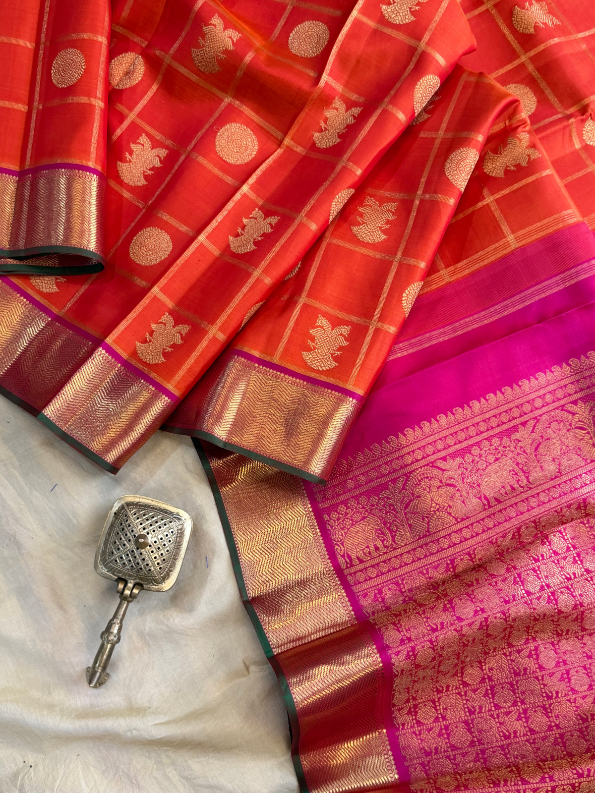 Orange Zari Kattam - pure Zari Kanjipuram silk