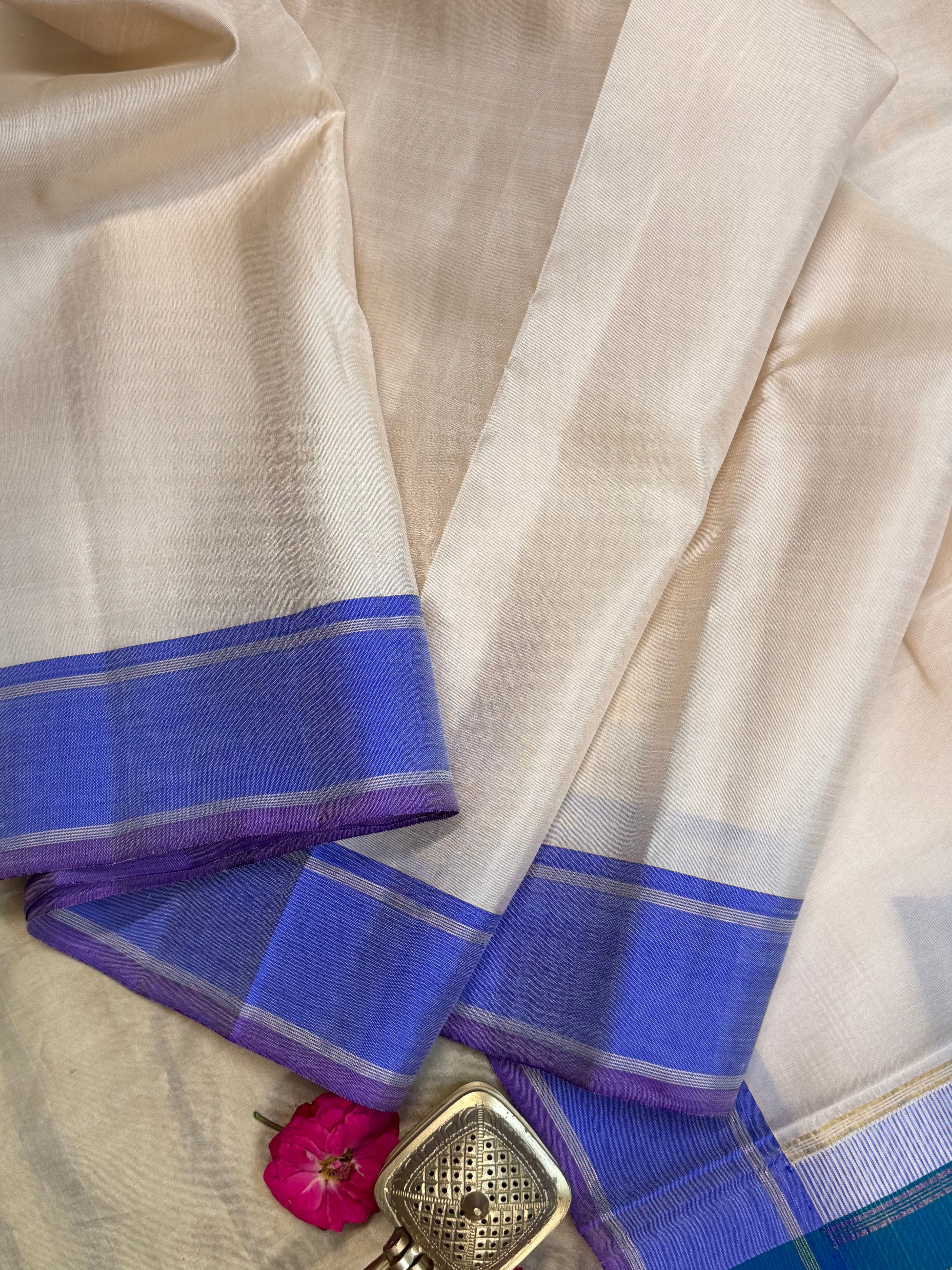 Offwhite - lavender border - peacock blue pallu / Kanjipuram silk CLSA9779