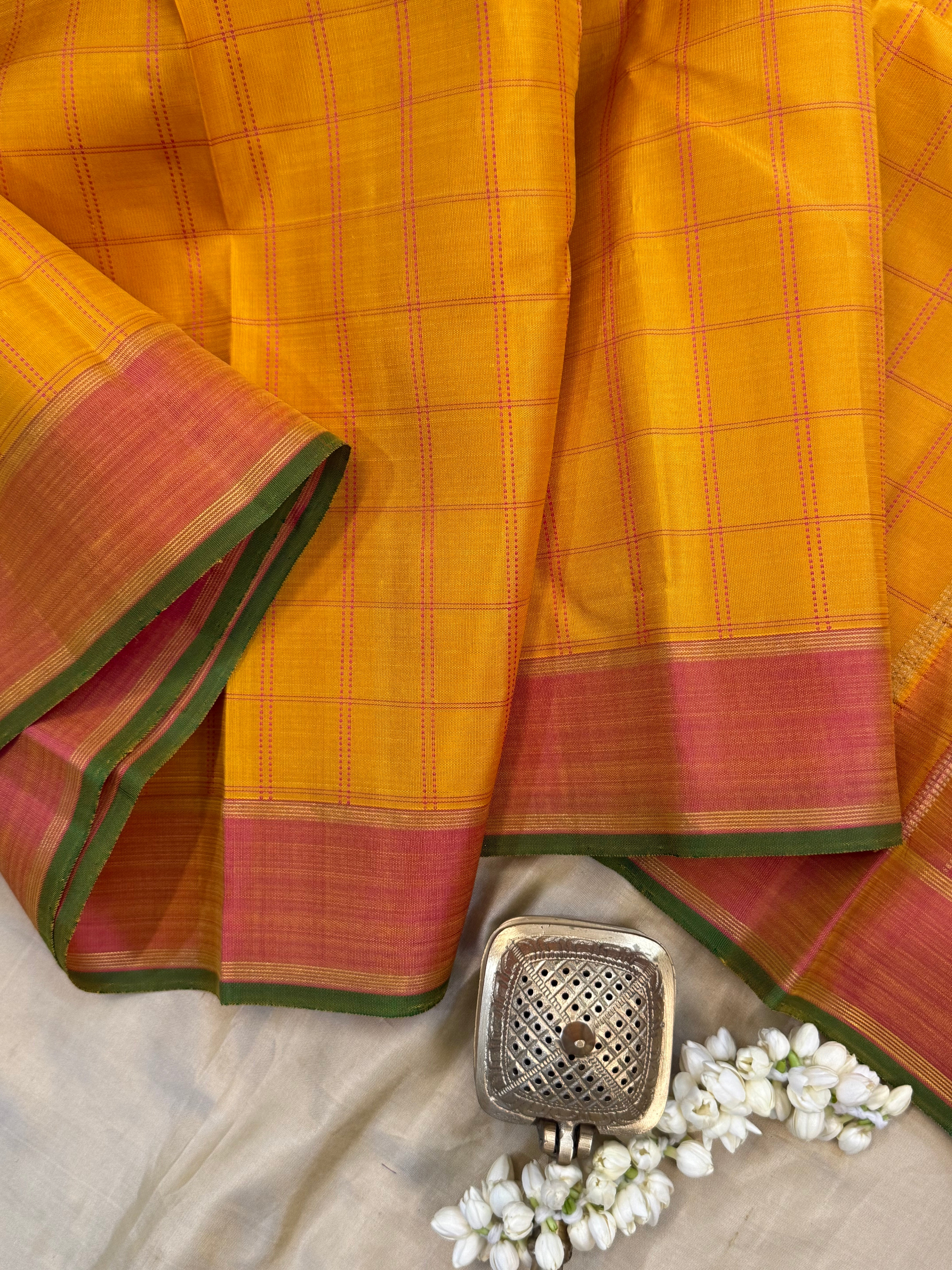 Golden mustard yellow - pink checks/ Kanjipuram silk CL9800