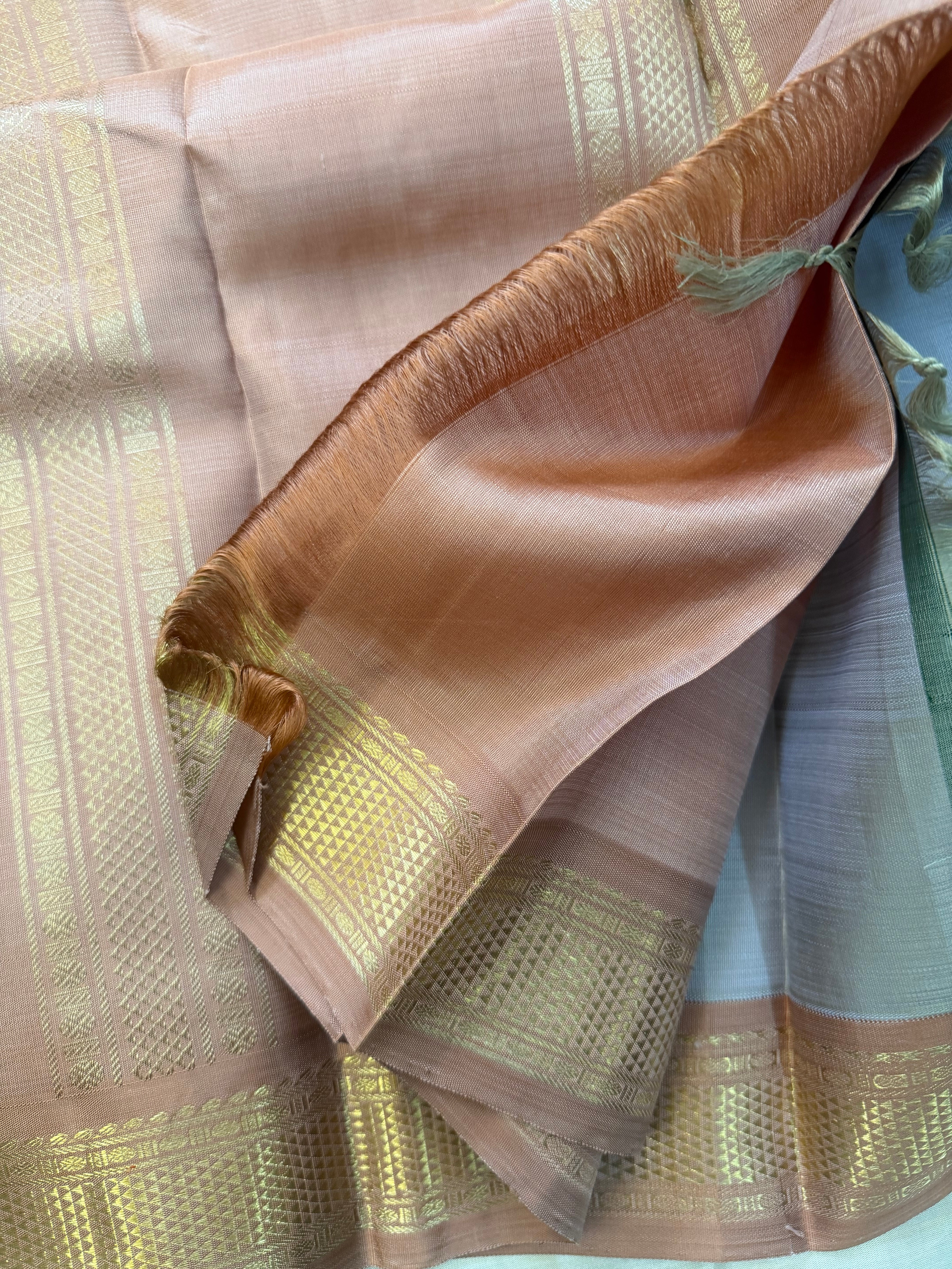 Onam collection:  beige silver kai Korvai / pure zari Kanjipuram silk