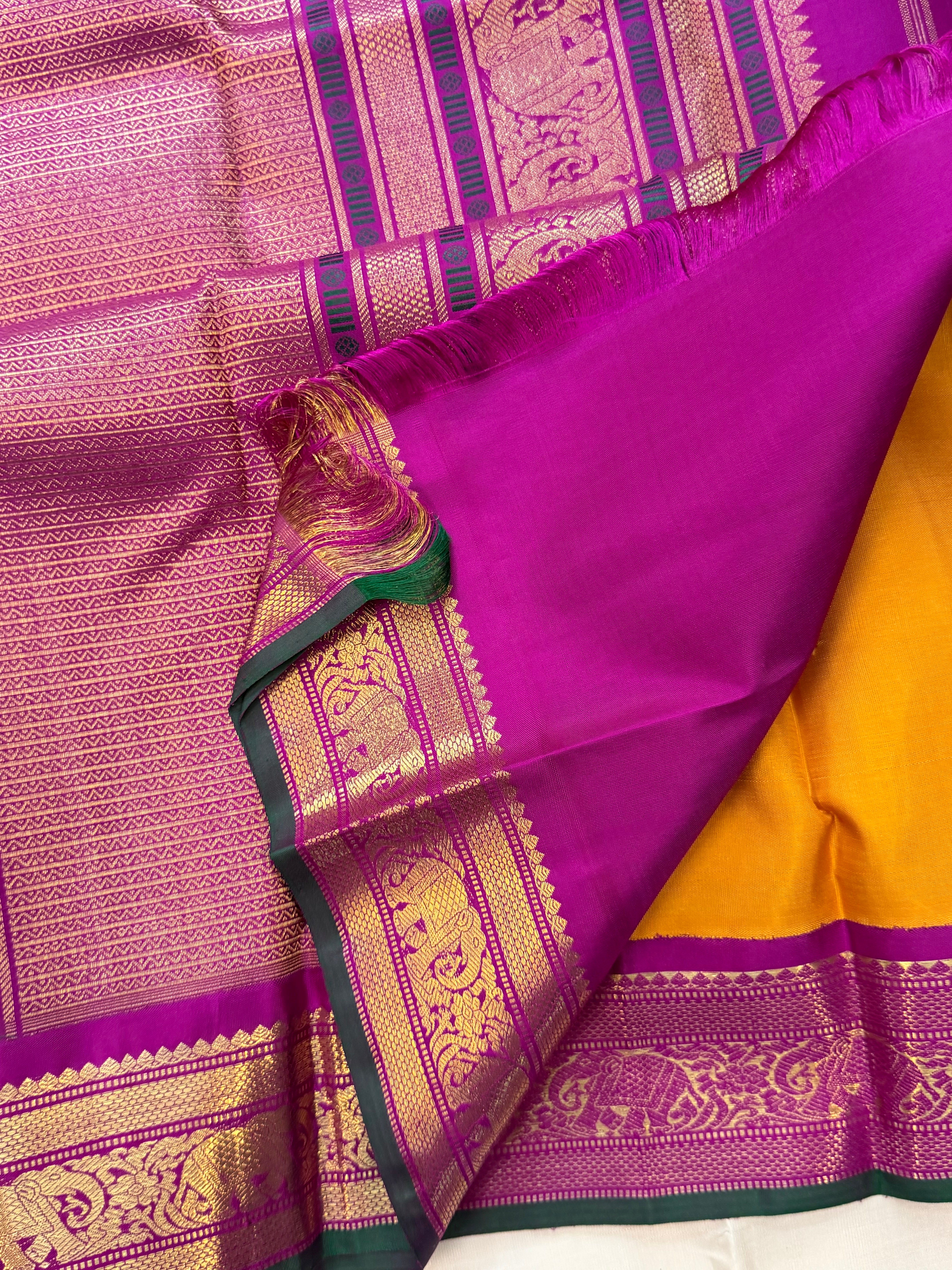 Korvai Varamahalakshmi edit : mustard yellow  colour  varisapet  Korvai Kanjipuram silk saree