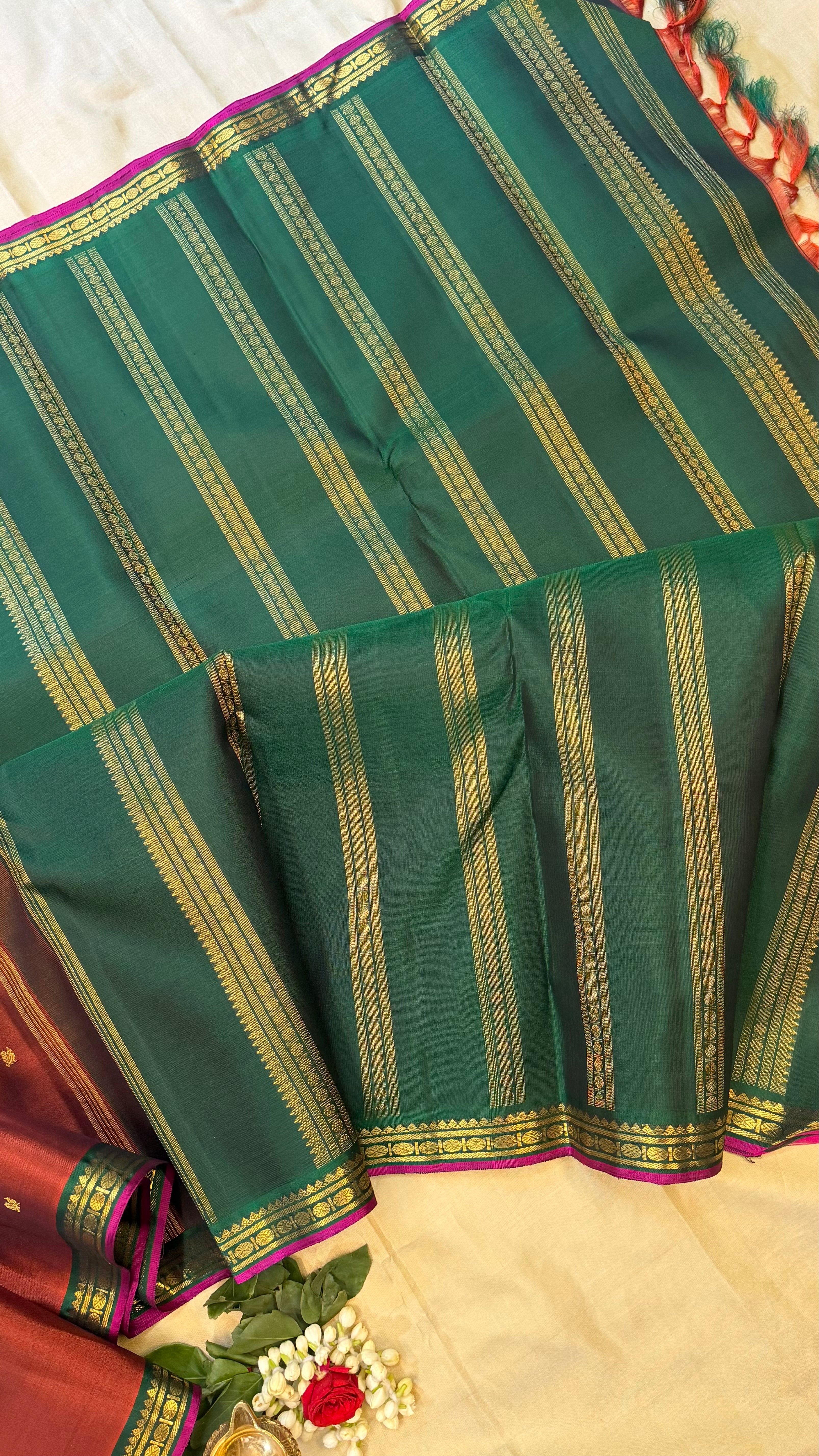 Dark brown and green small border/ Kanjipuram Silk