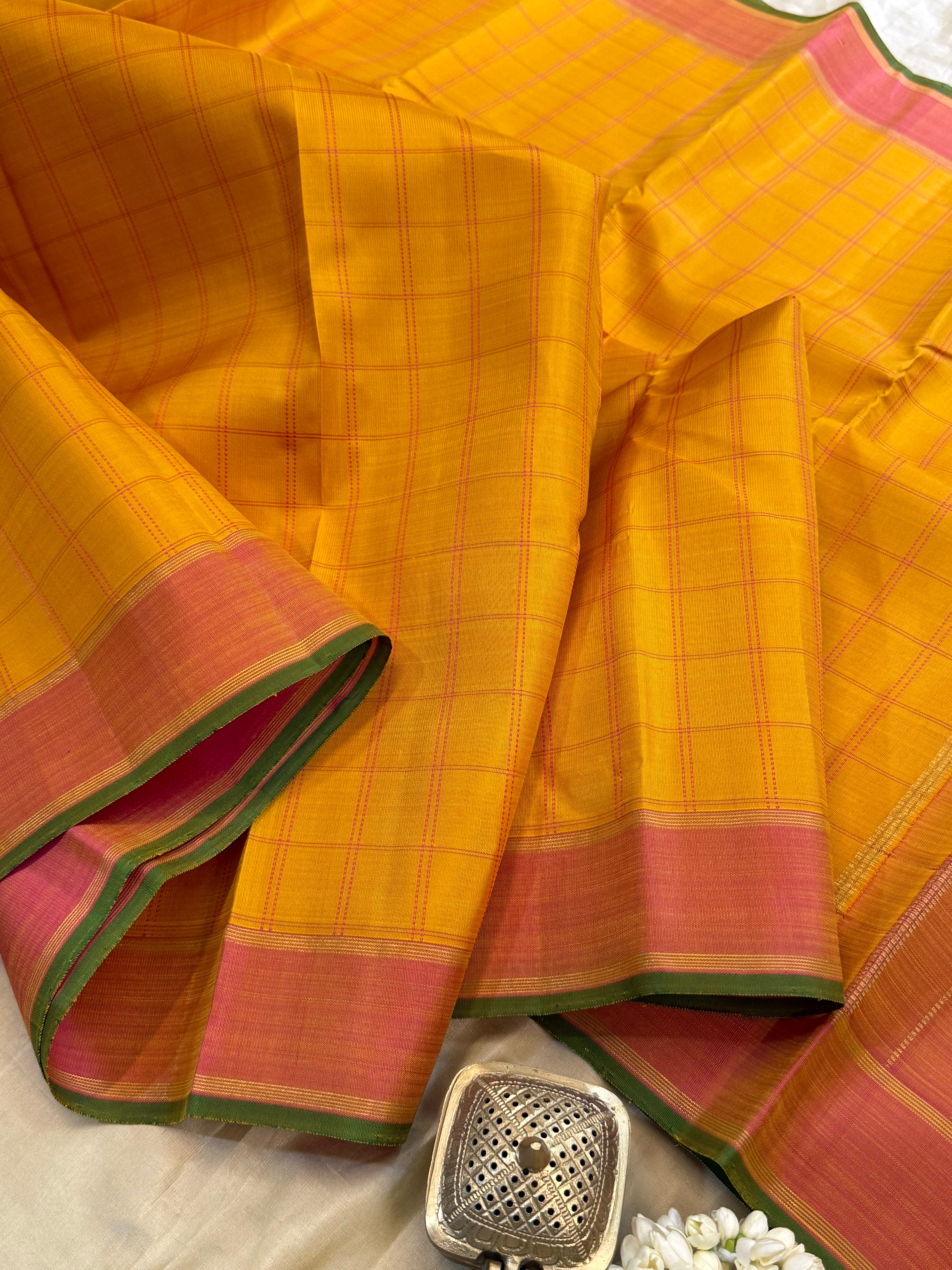 Golden mustard yellow - pink checks/ Kanjipuram silk CL9800