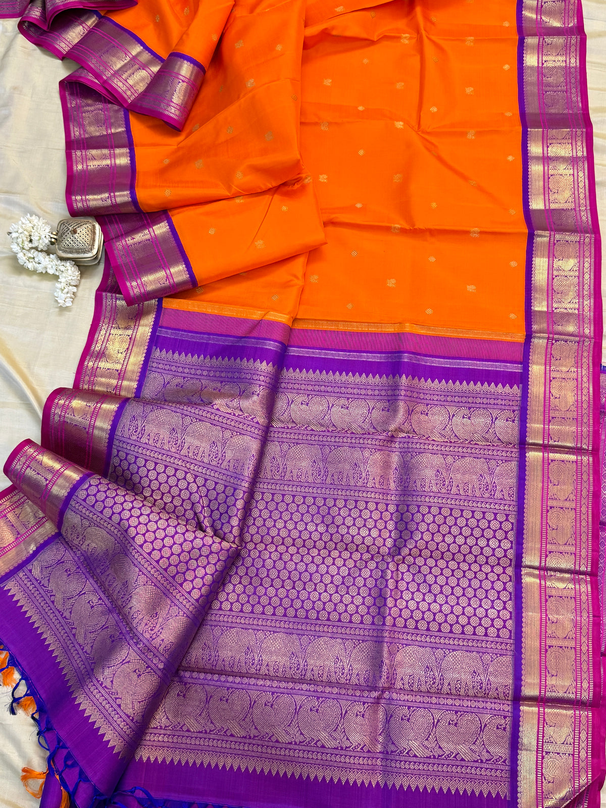 Navarathri - Day 5 Orange Colour pure Zari butta Korvai /Kanjipuram silk sree Clsa 7737