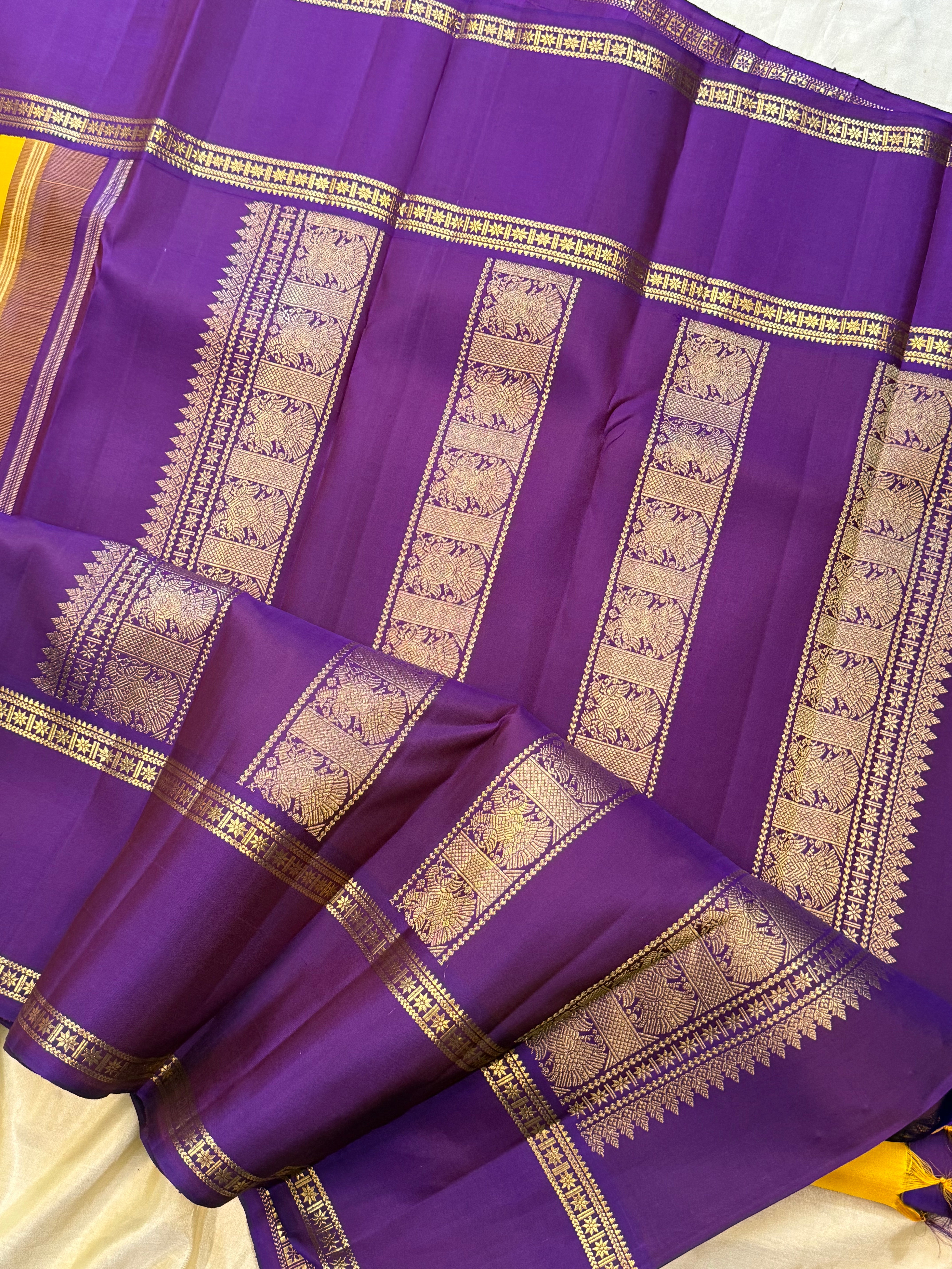Manjal and purple rettapet border kai korvai/ Kanjipuram silk