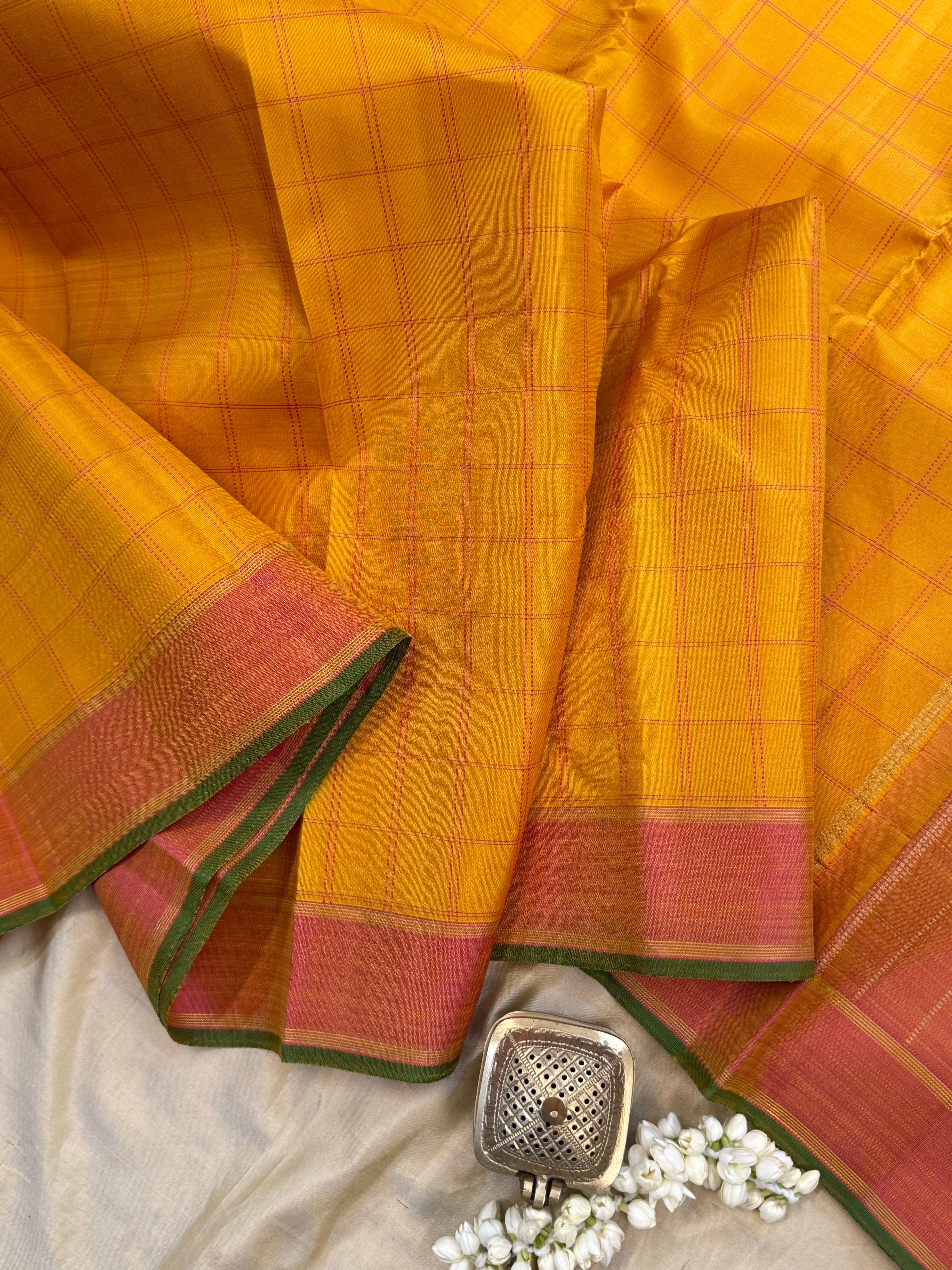 Golden mustard yellow - pink checks/ Kanjipuram silk CL9800
