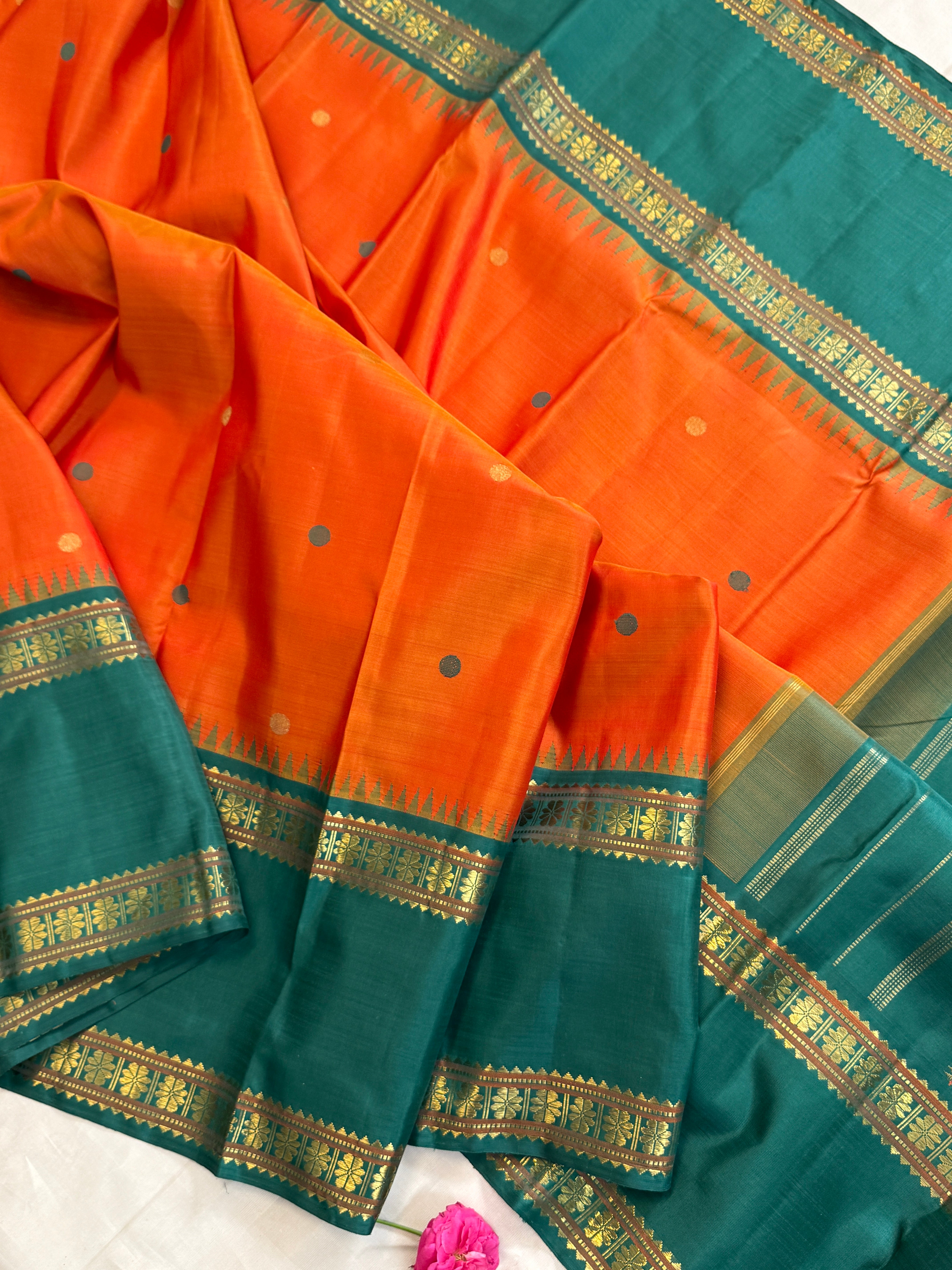 Rustic orange coin thread and zari butta on body with Retta pet / Kanjipuram silk CLSA11599