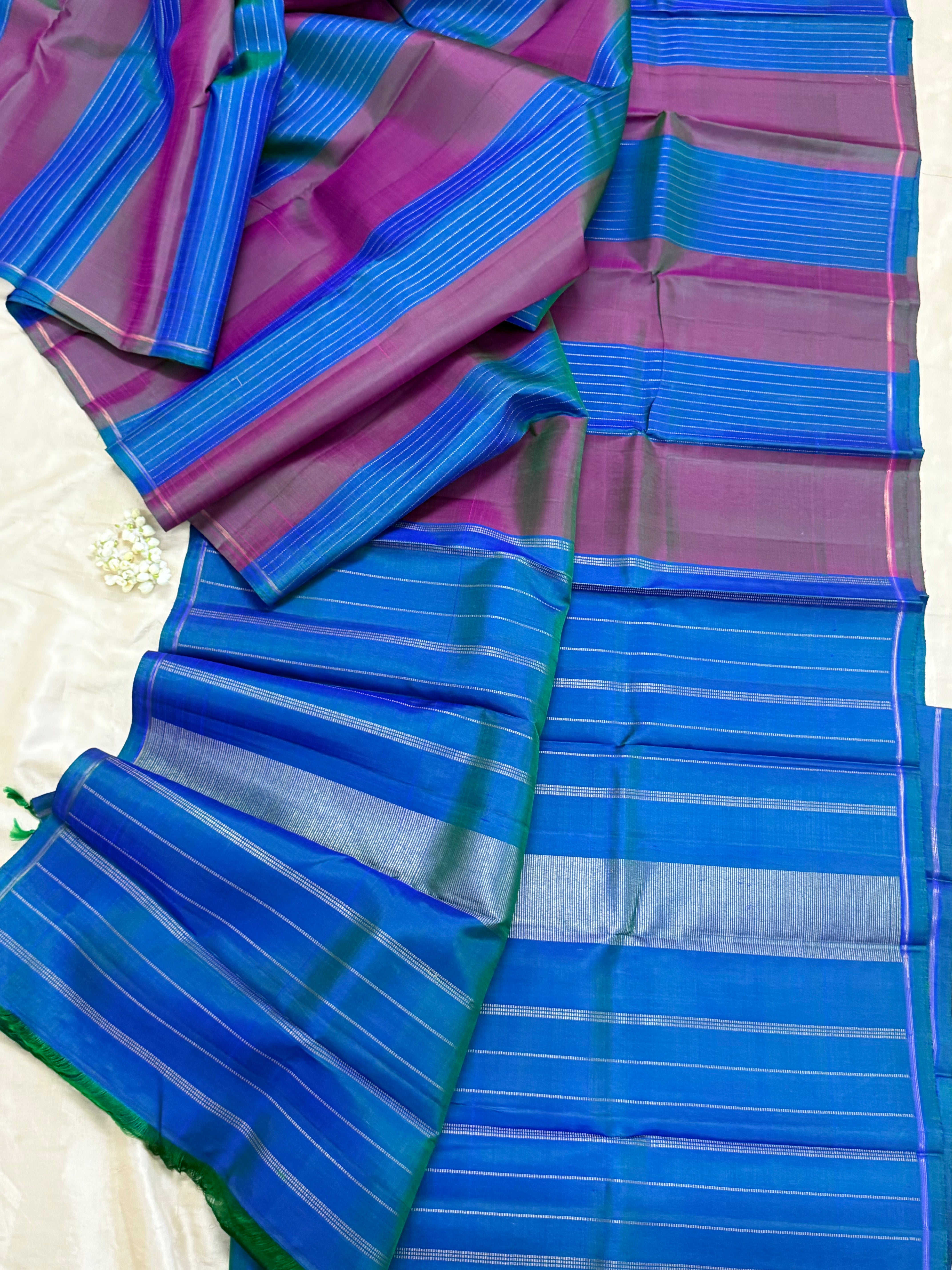Mayilkazhuthu and purplish green stripes / Kanjipuram silk