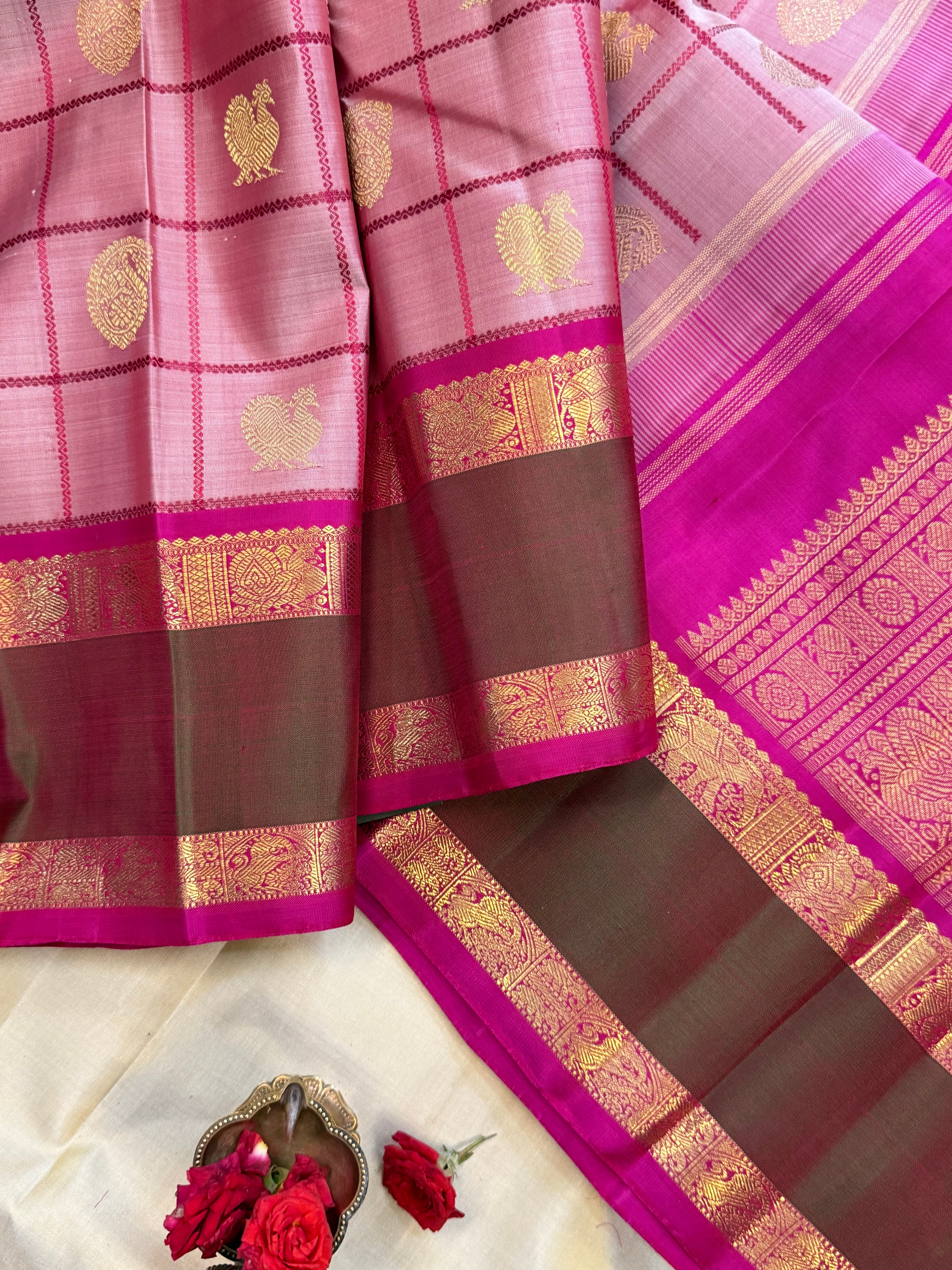 Mann : bud rose Kattam earthy hues in pure Zari Kanjipuram silk