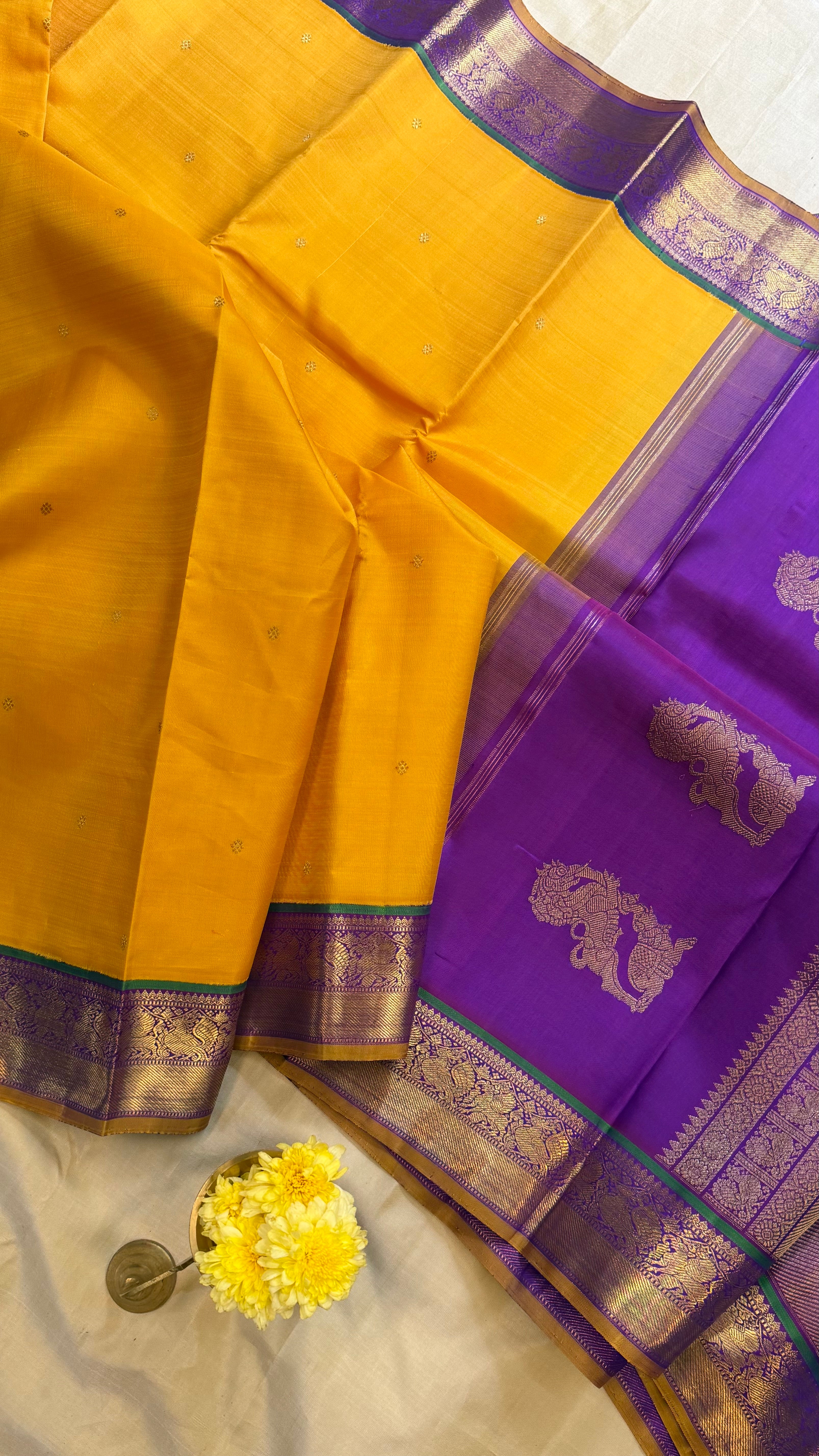 Manjal and purple kai korvai/ kanjipuram silk