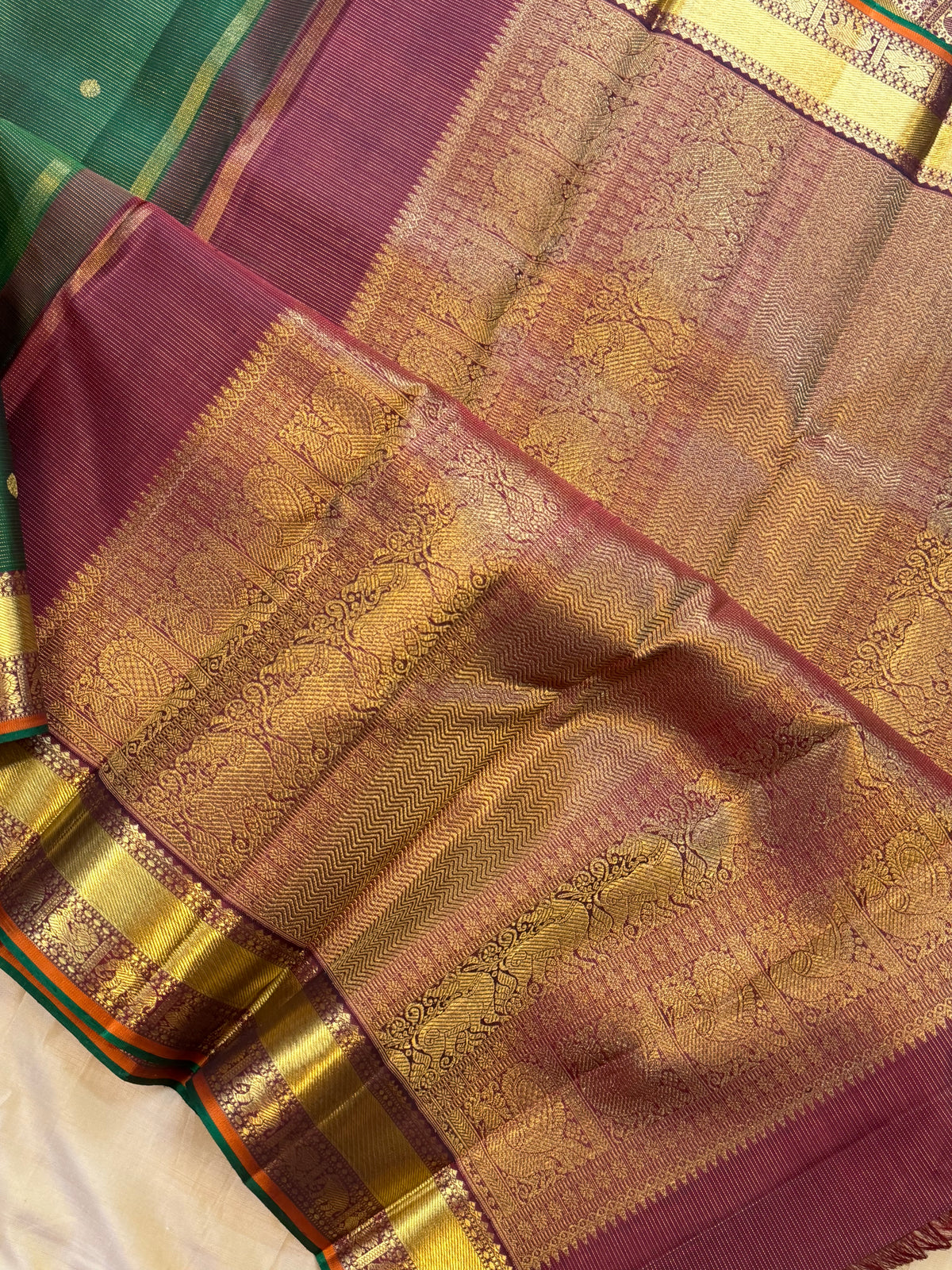 Dark green Vairaoosi / pure Zari Kanjipuram silk