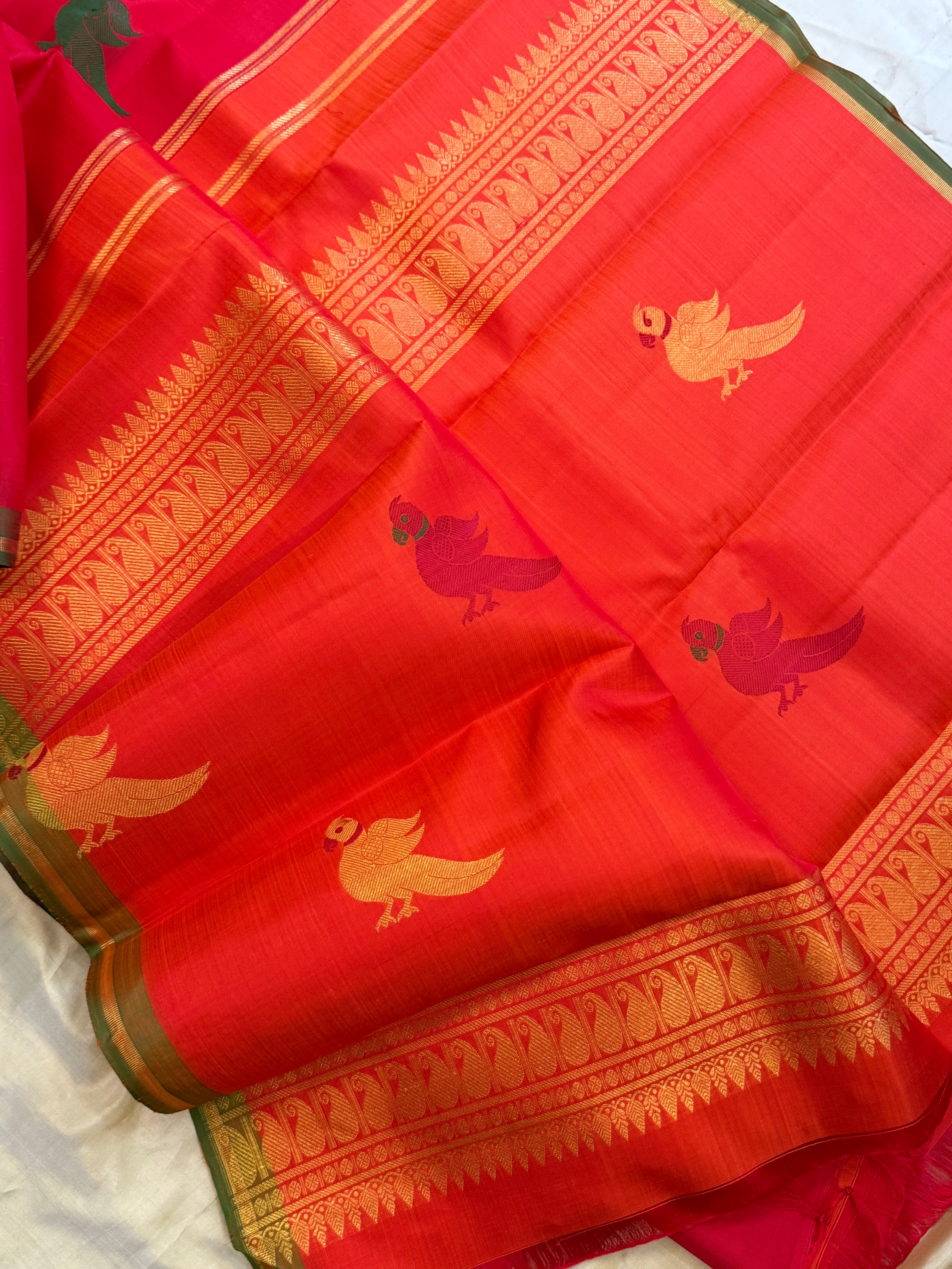 Red meenakari kili butta borderless/ Kanjipuram silk