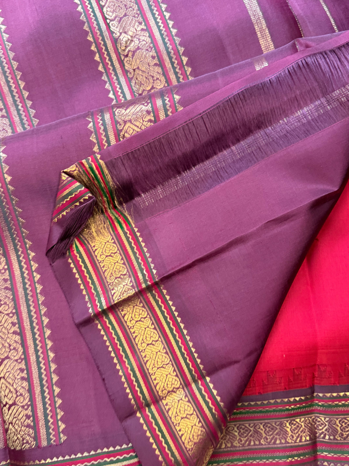 Red small border Korvai / Kanjipuram silk saree