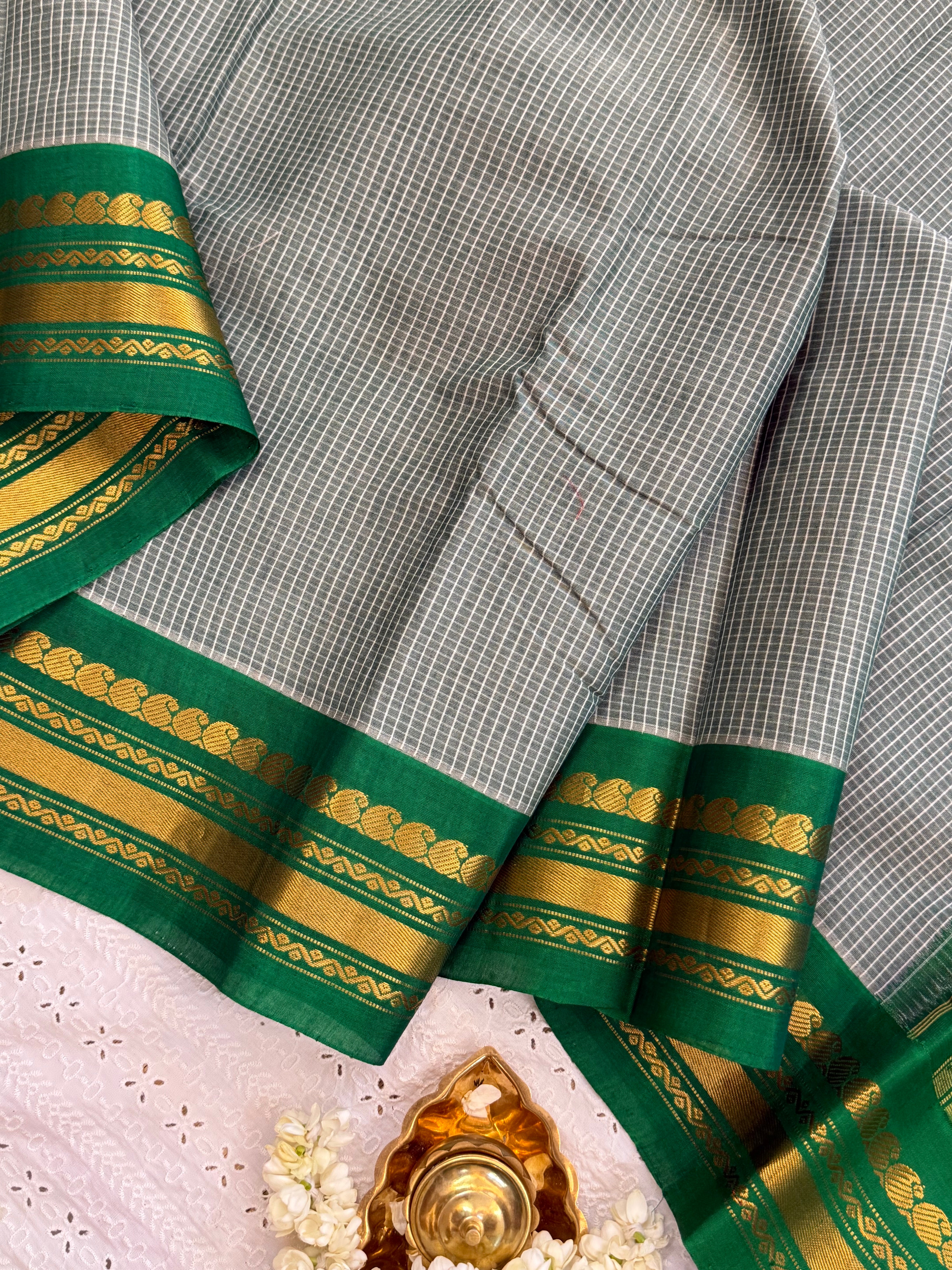 Grey and green / Gadwal cotton - No Blouse CLSA7373
