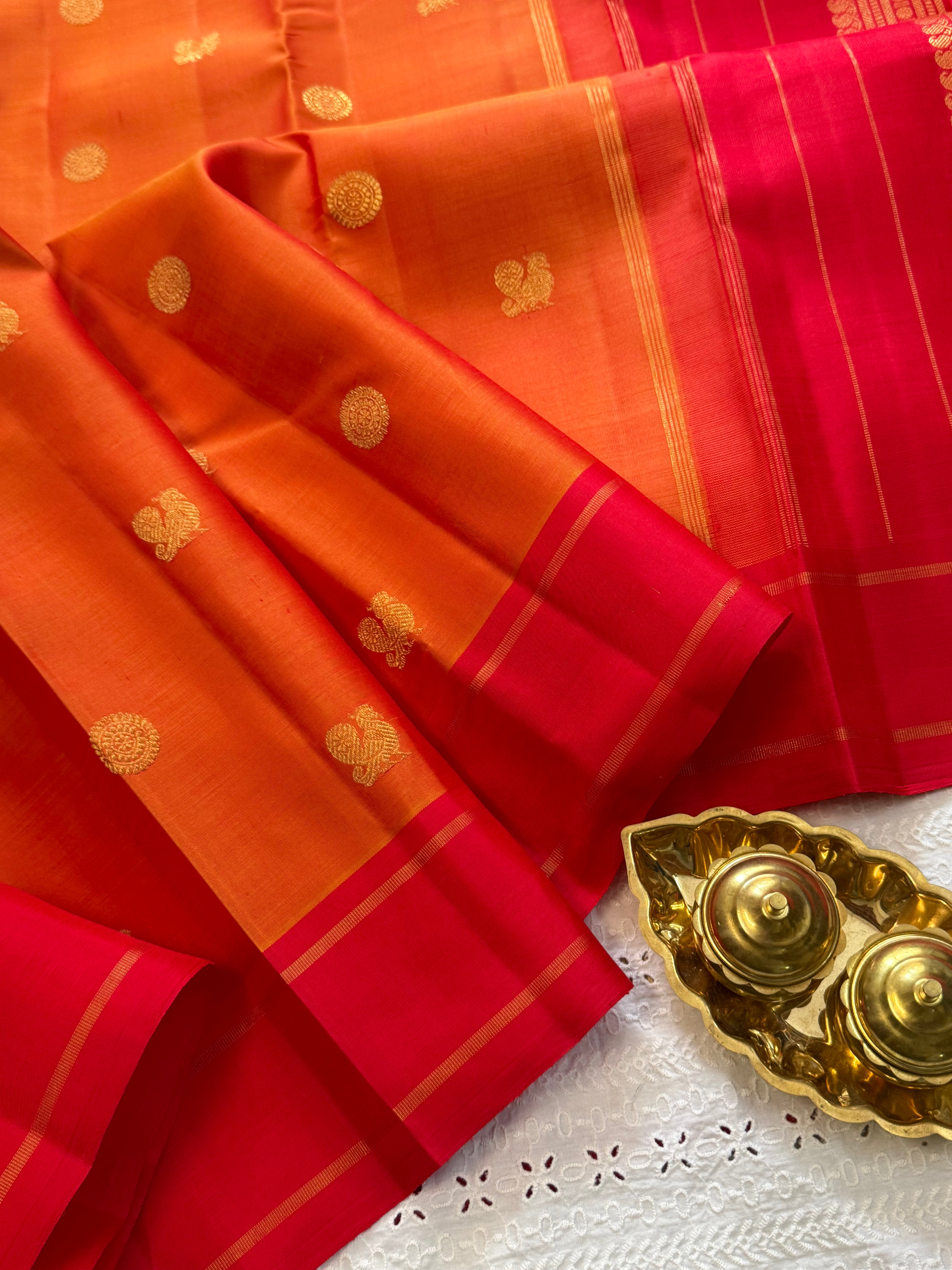 Simha and red annam and chakram butta/ Kanjipuram silk