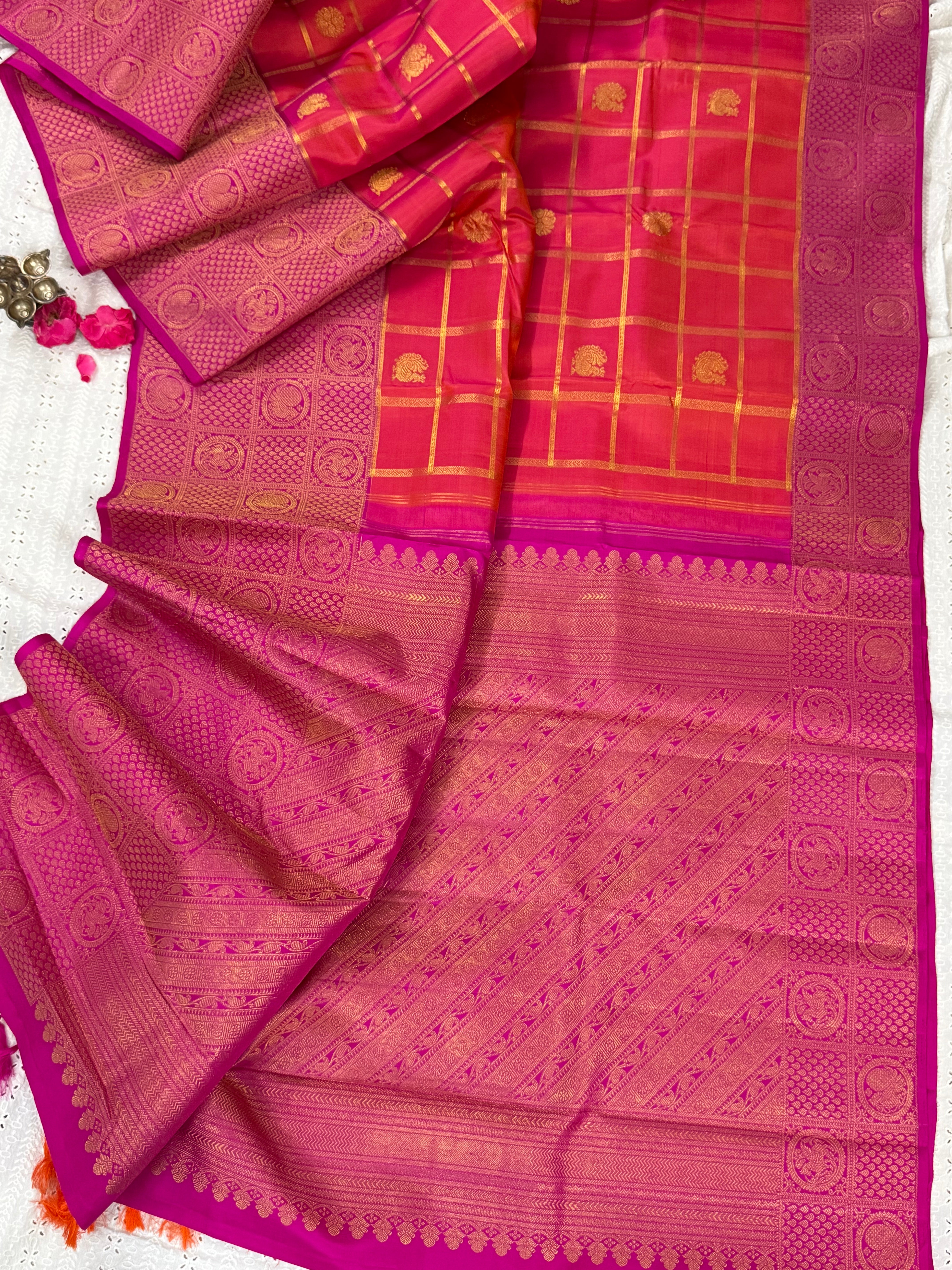 Orange kattam and pink brocade style border / Arani silk