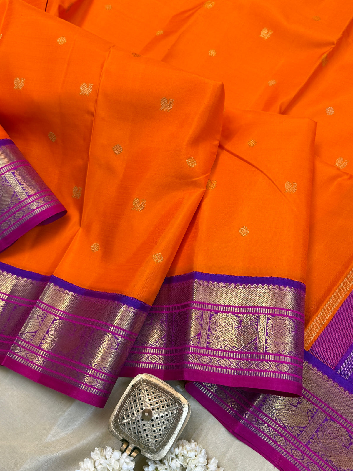 Navarathri - Day 5 Orange Colour pure Zari butta Korvai /Kanjipuram silk sree Clsa 7737