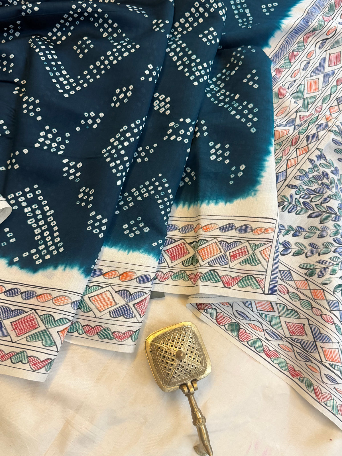 Blue  Bandhini with Madhubani work in silk
