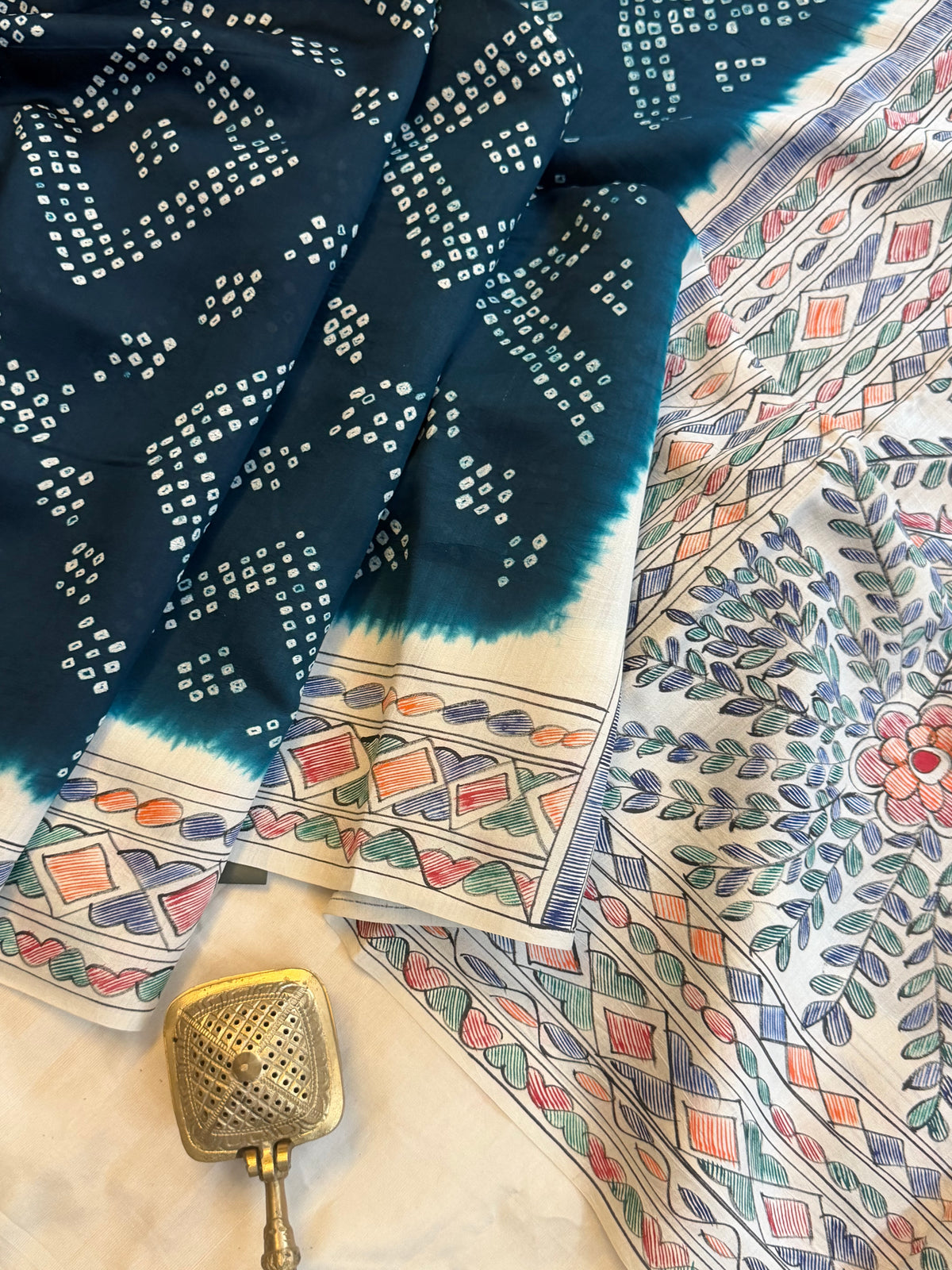 Blue  Bandhini with Madhubani work in silk