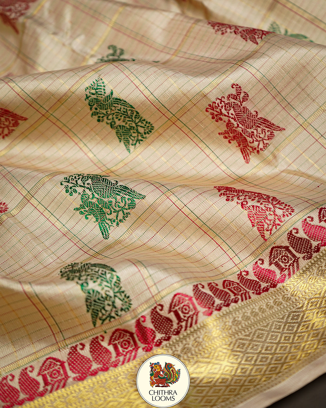 Alankar / vintage recreated golden off white Kattam Butta saree kanjipuram silk