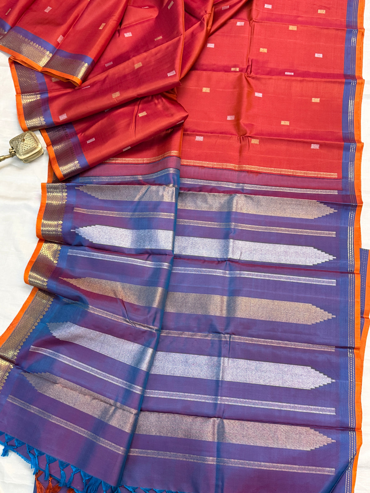 Rust Orange with silver and gold pure Zari butta/ kanjipuram silk saree