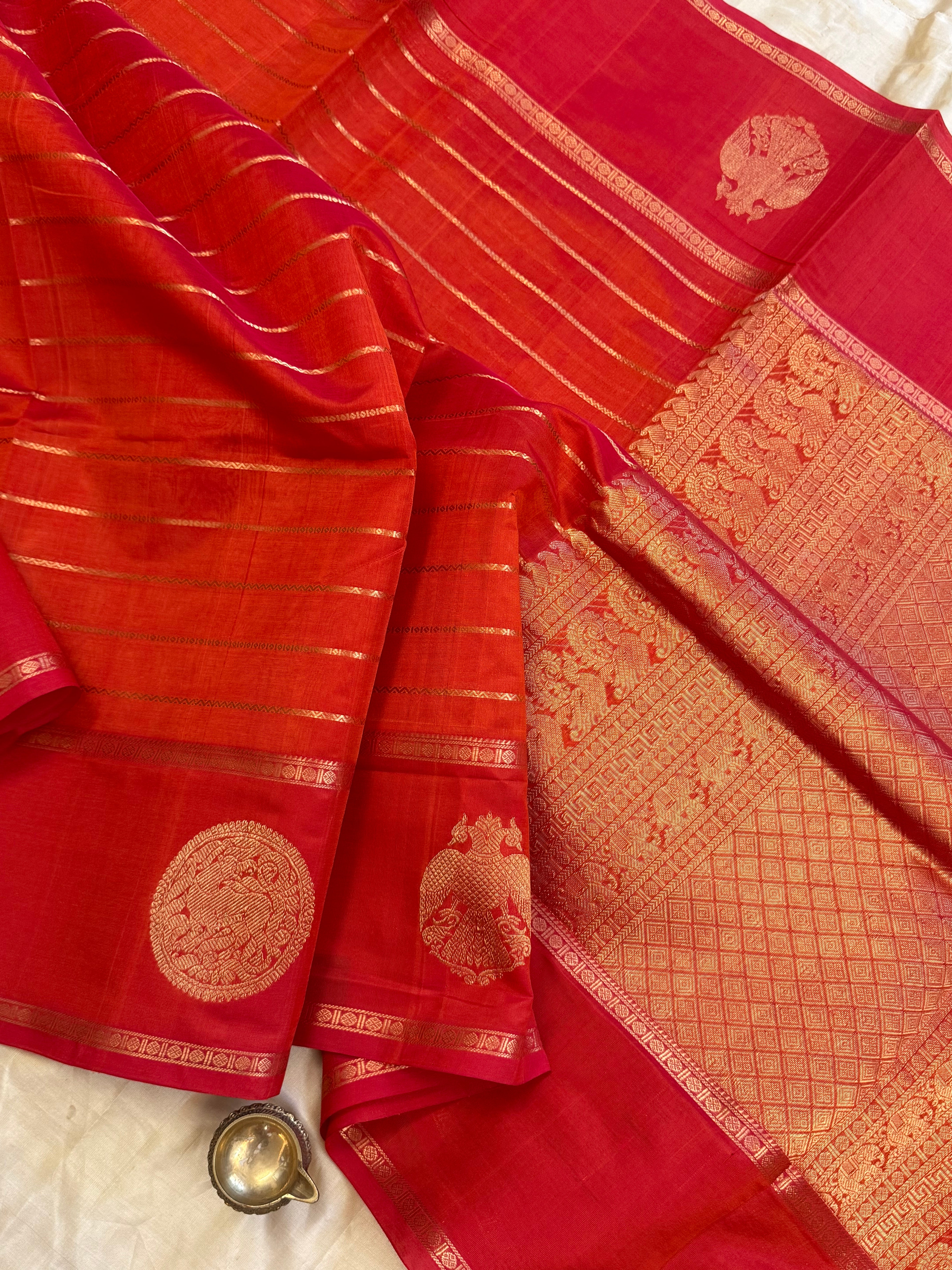 Reddish orange veldhari and border butta / Silk Cotton