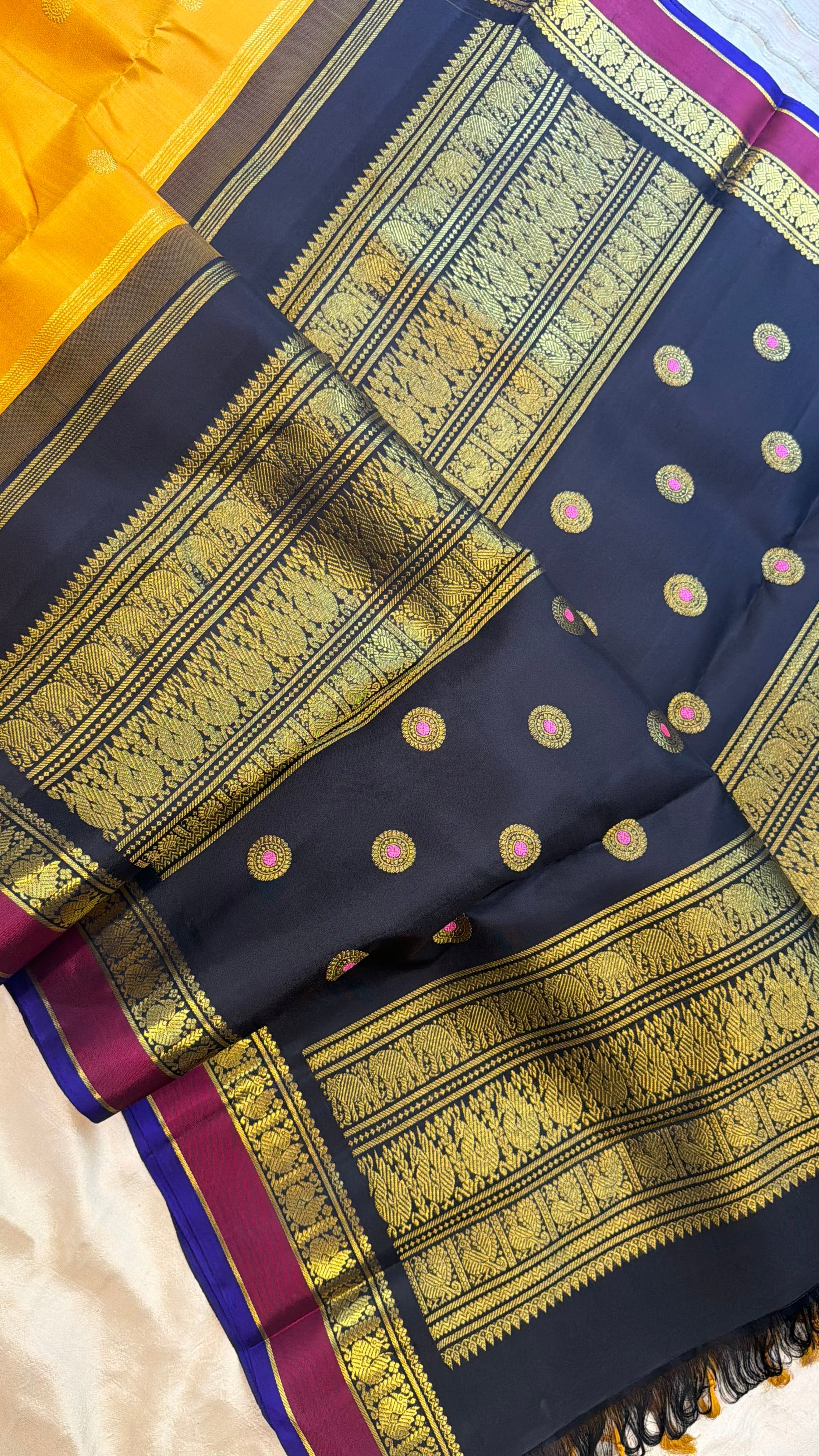 Mustard yellow Korvai Kanjipuram silk