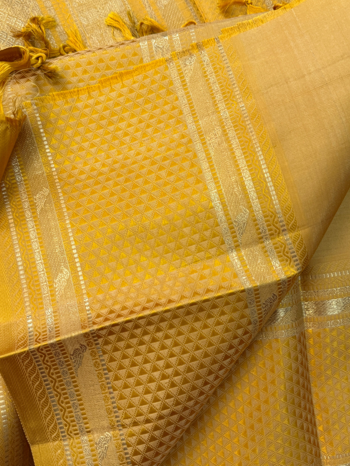 KILIYE :  mustard yellow kili  work /Kanjipuram silk saree